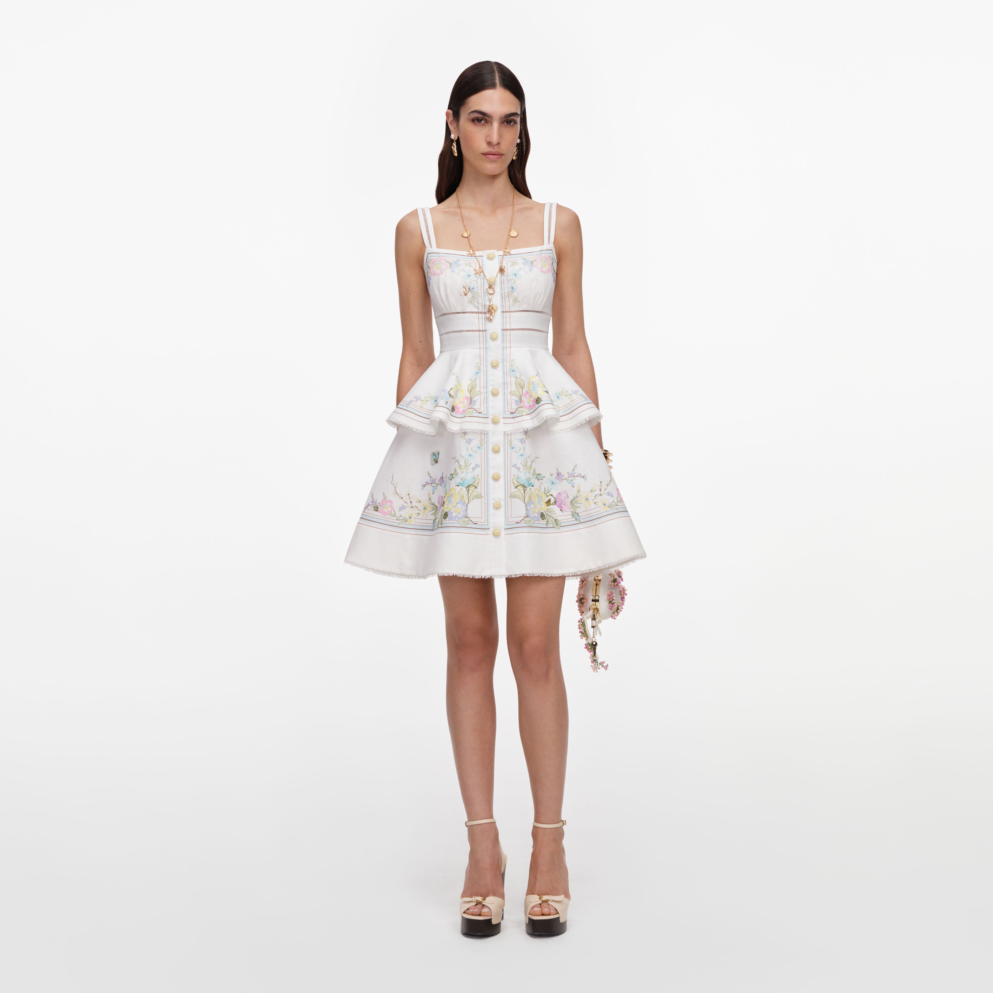 Self-Portrait White Floral Linen Peplum Minikleid Weiß