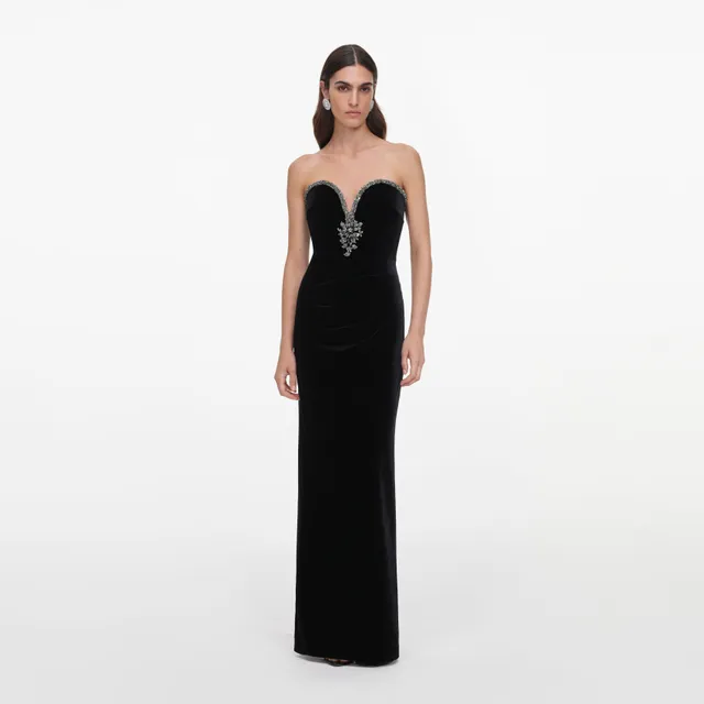 Self Portrait Black Velvet Maxi Kleid Samt Strass Schwarz