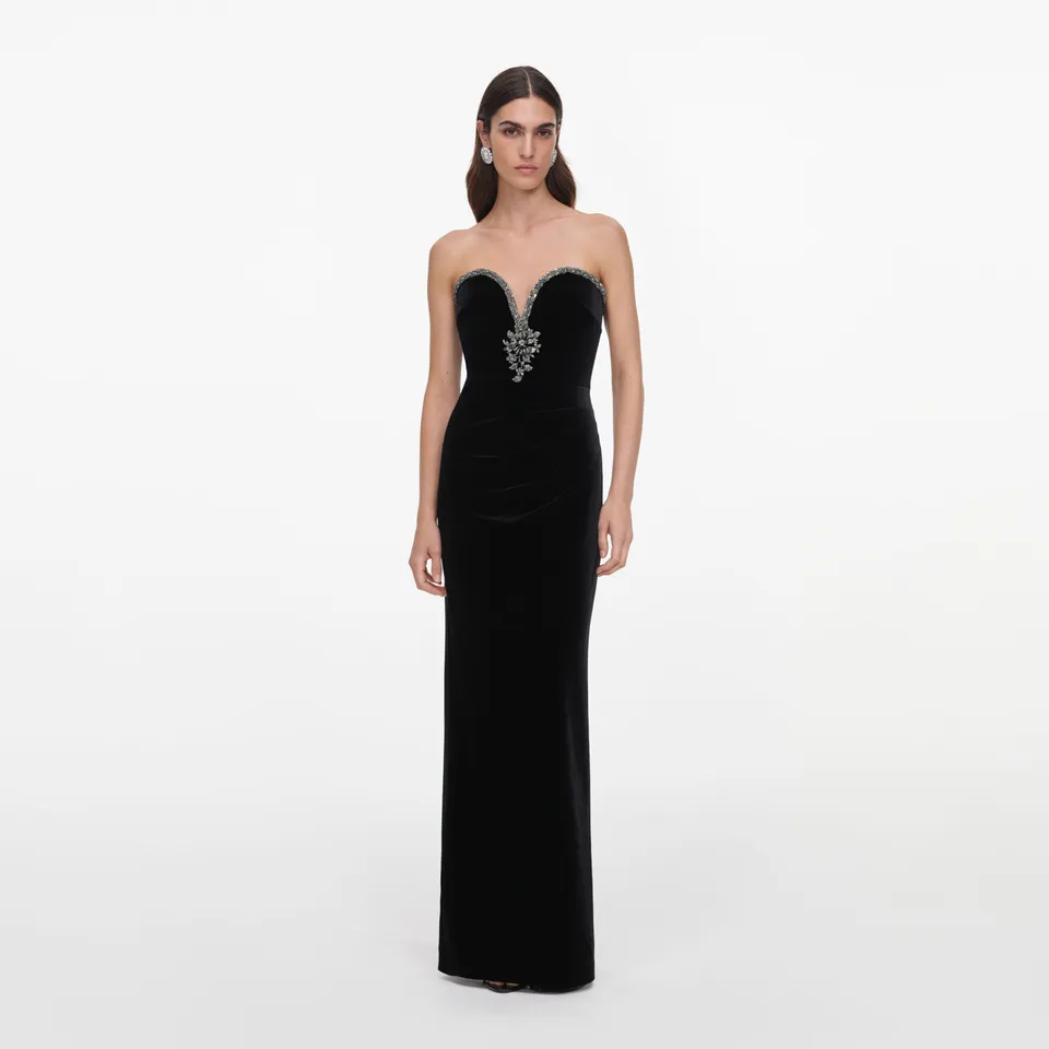 Self Portrait Black Velvet Maxi Kleid Samt Strass Schwarz