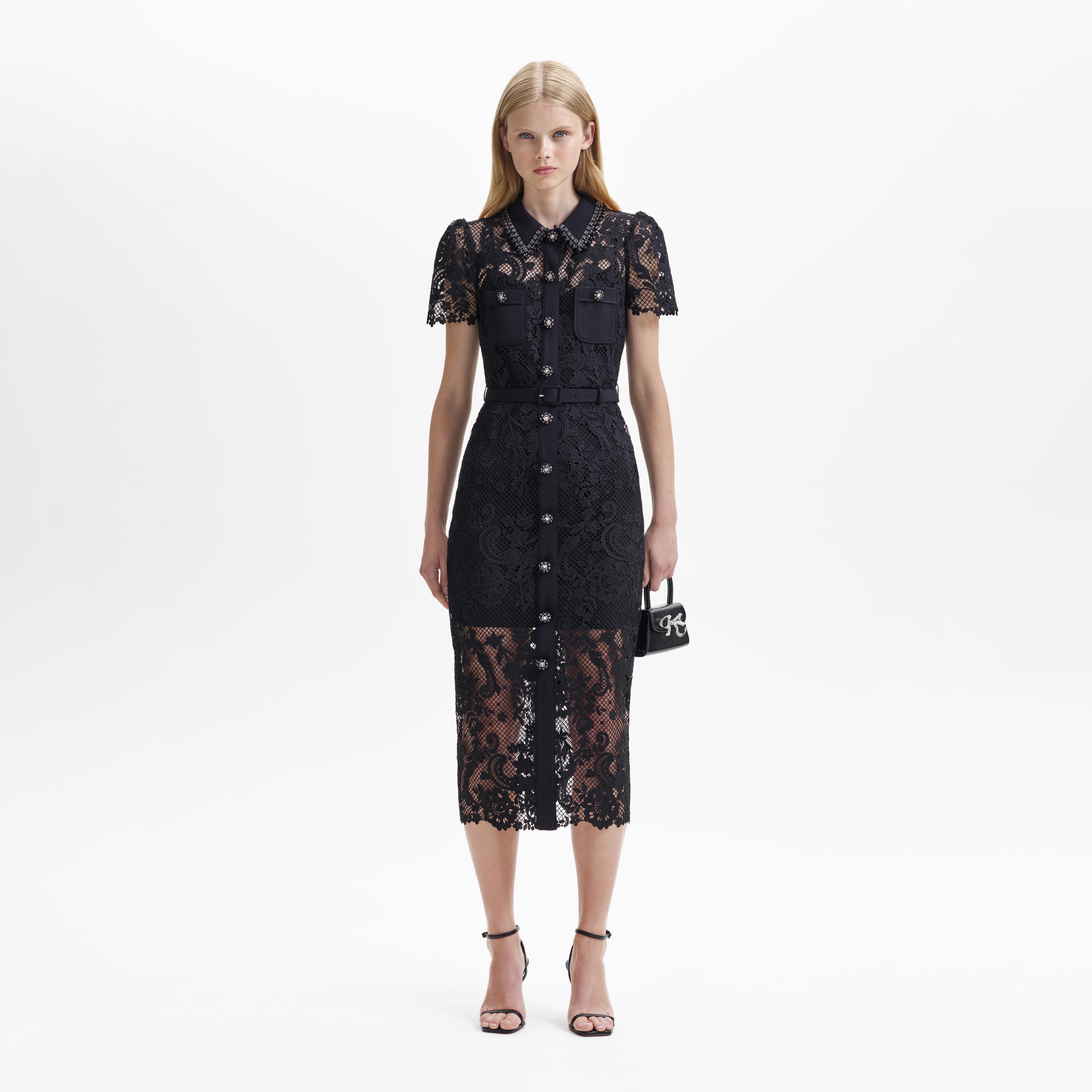 Self Portrait Lace Midi Kleid Schwarz Spitze Knöpfe