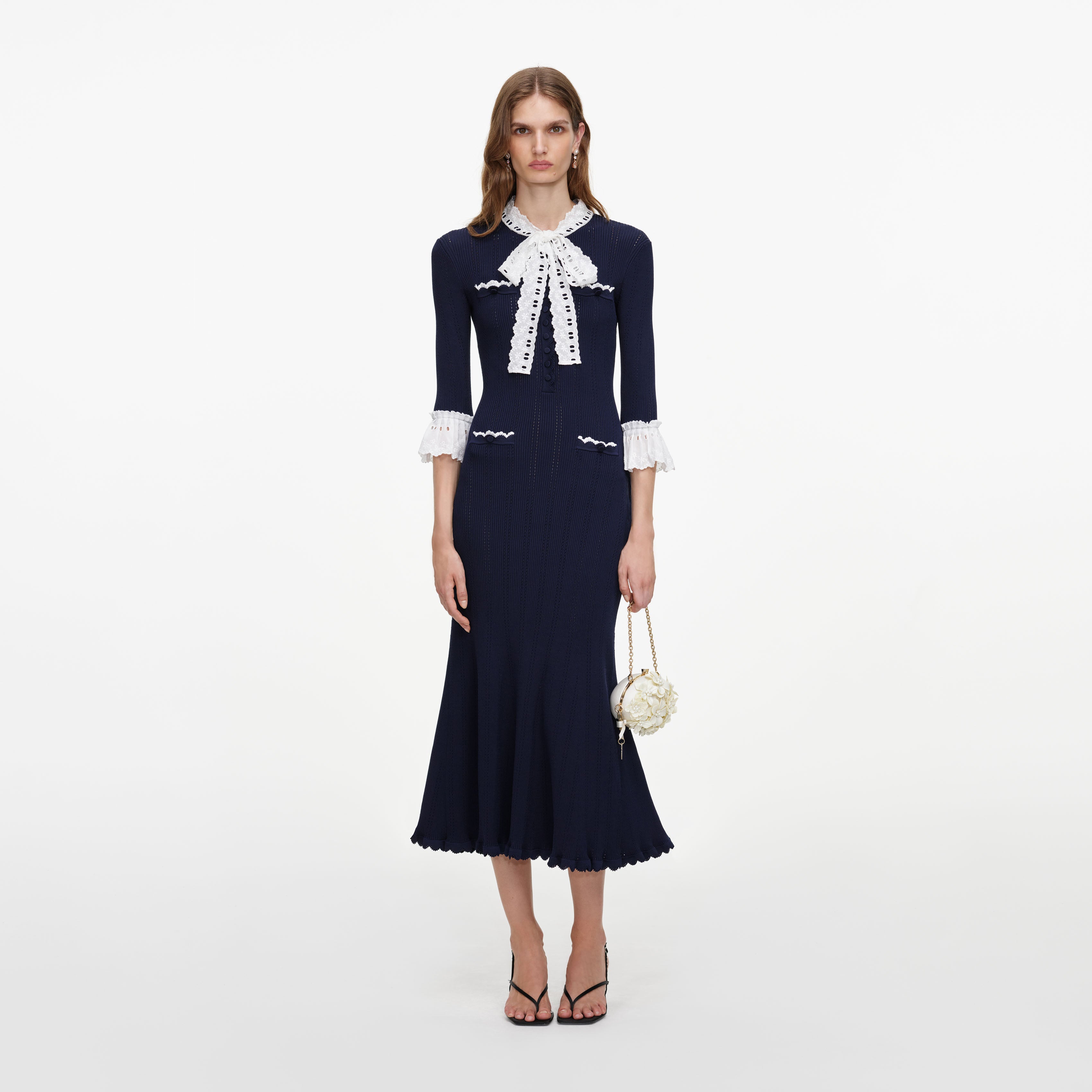 Self Portrait Navy Pointelle Midi Strickkleid Blau Spitze
