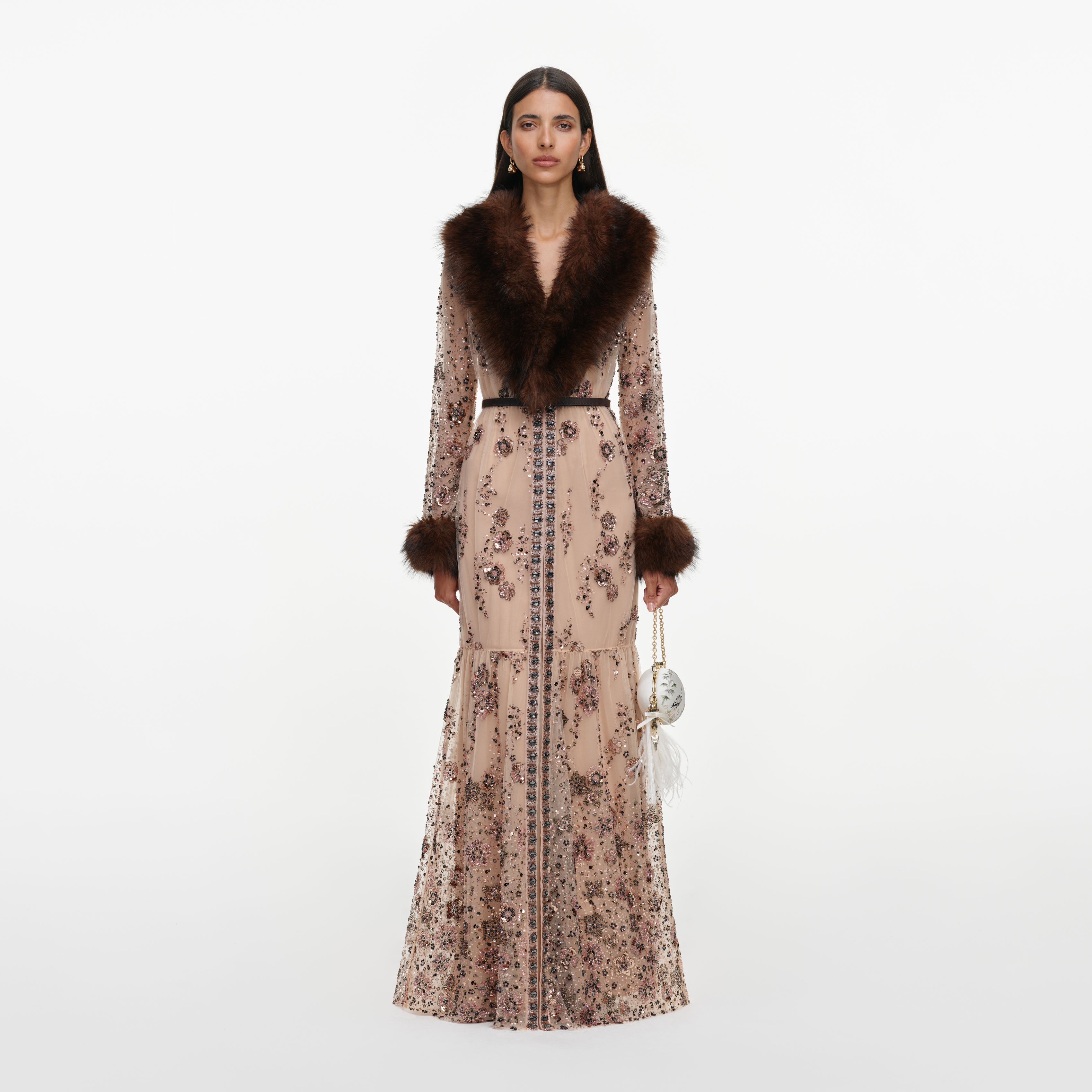 Self Portrait Beige Sequin Fur Maxi Kleid Beige Strass