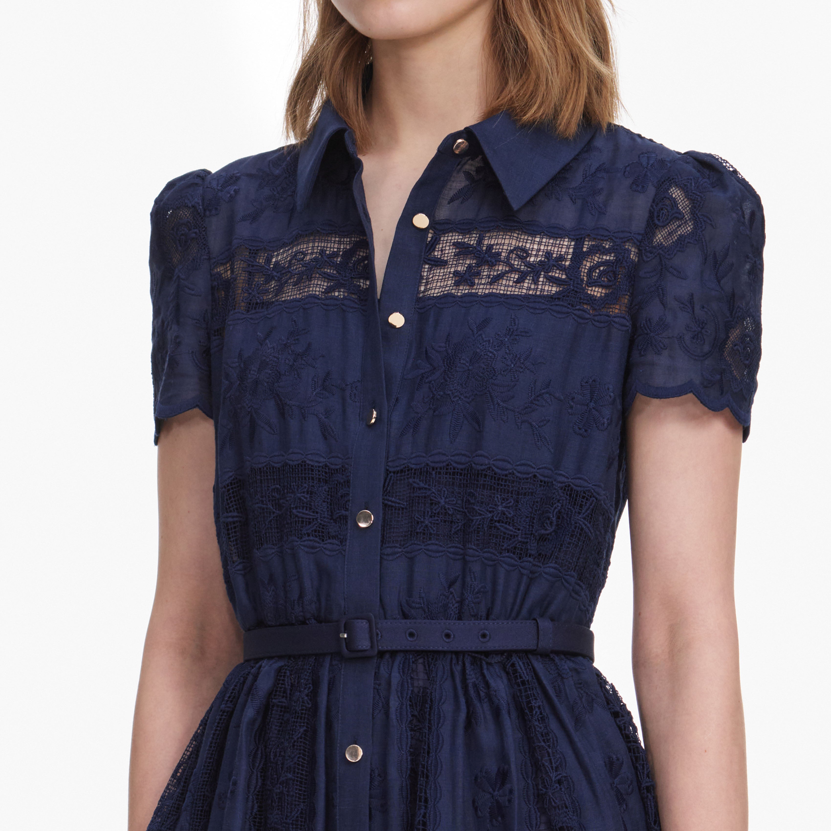Self Portrait Navy Ramie Hemd-Midikleid Navy Spitze