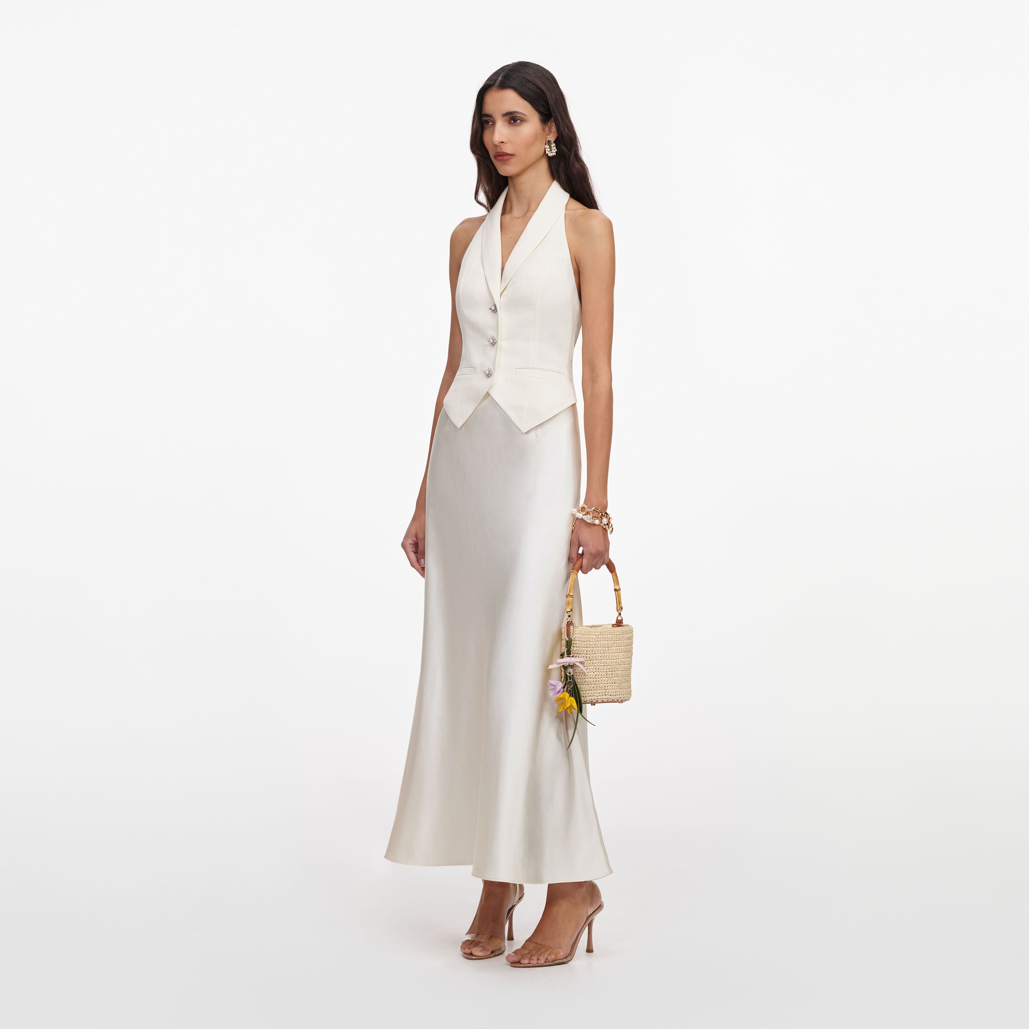 Self Portrait Cream Linen Satin Midi Kleid Creme UK 6 rückenfrei