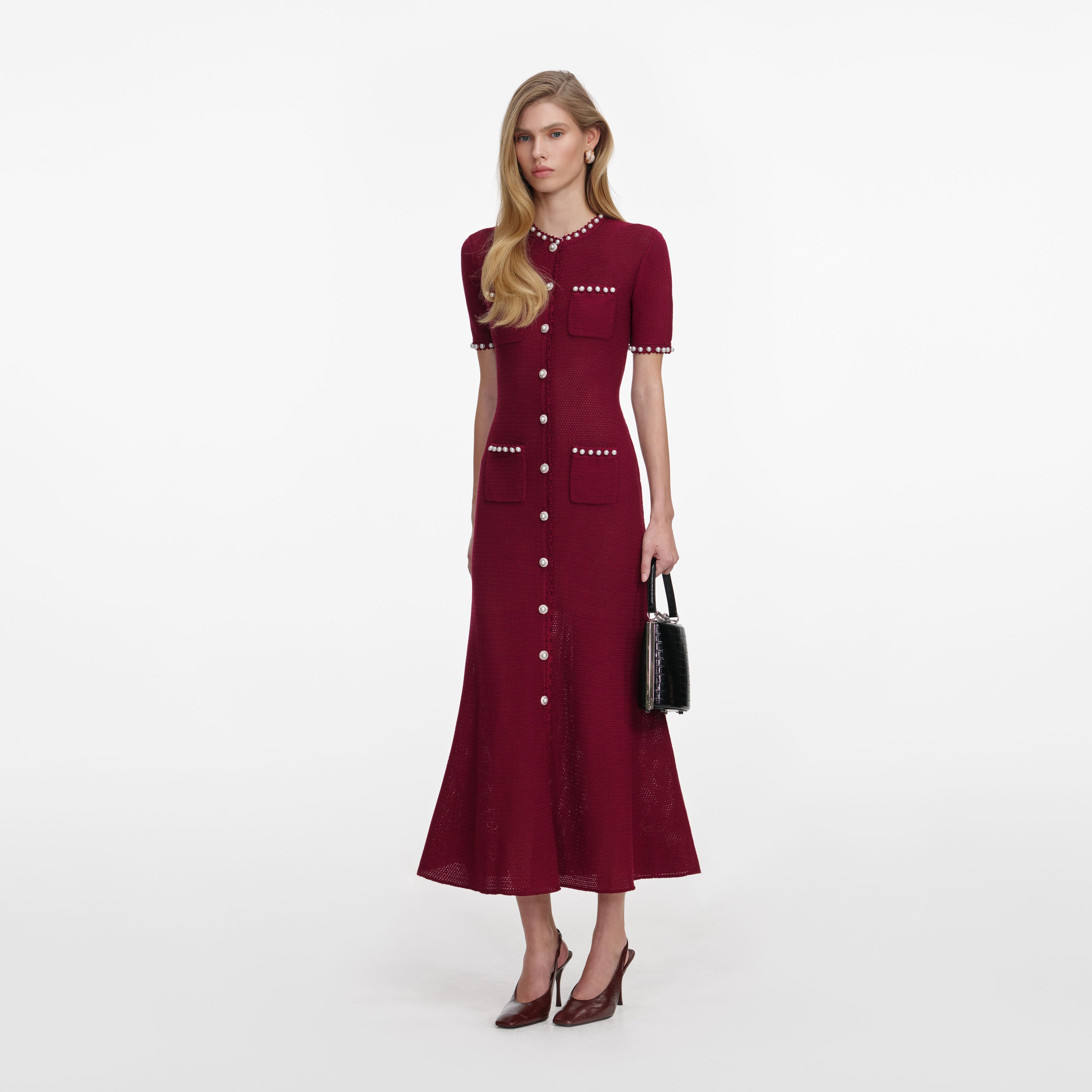 Self Portrait Burgundy Pearl Knit Midi Kleid Bordeaux
