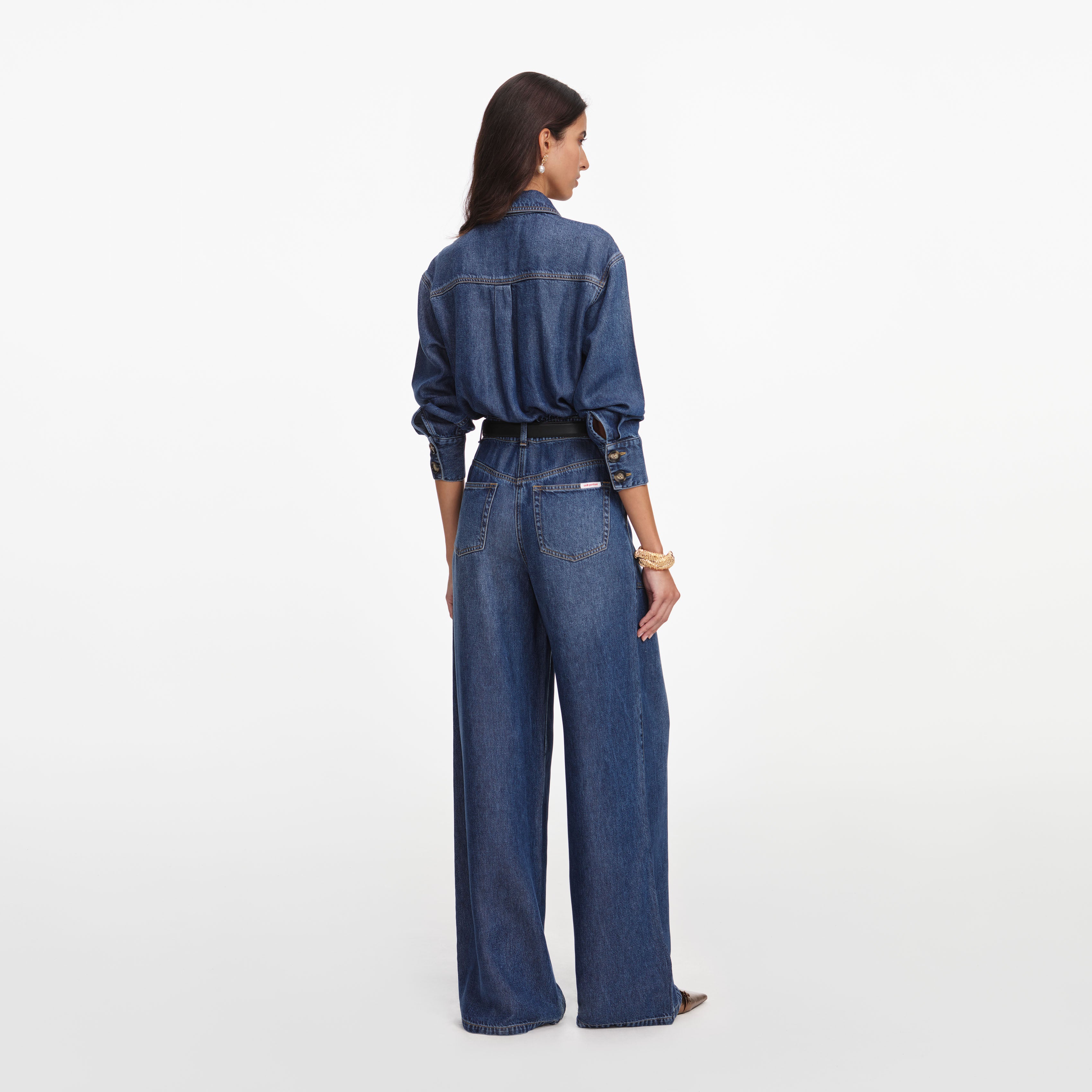 Self-Portrait Denim Relaxed Fit Jumpsuit Denim-Overall Blau