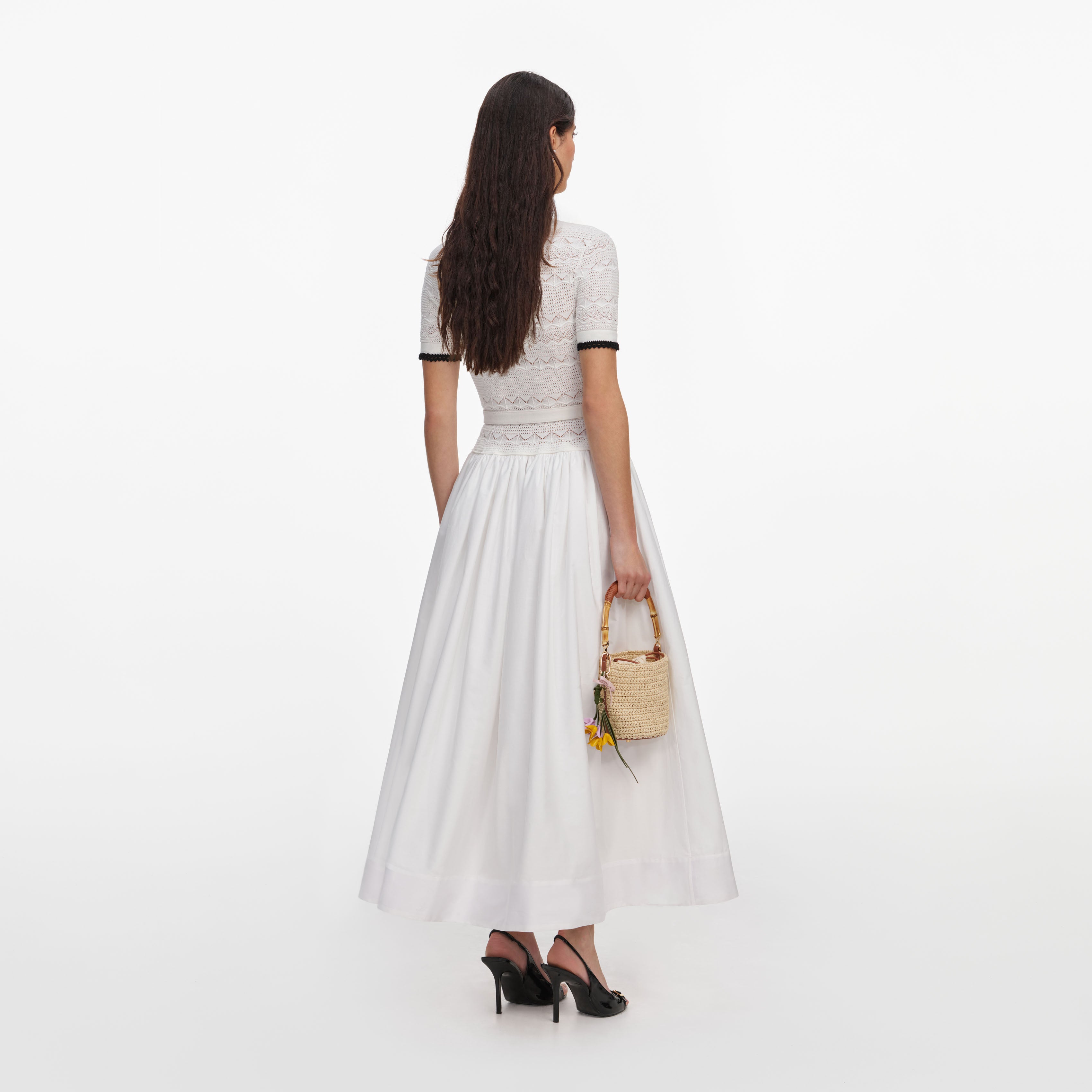 Self Portrait White Knit Linen Midi Kleid Weiß mit Gürtel