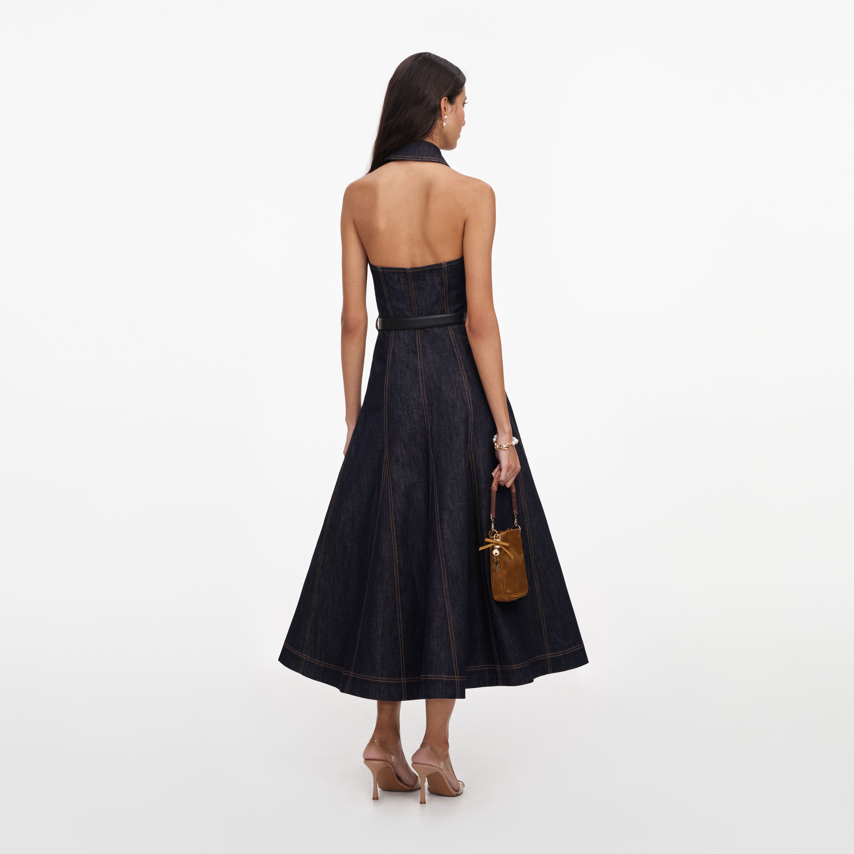 Self Portrait Denim Indigo Halterneck Midikleid UK 6 rückenfrei