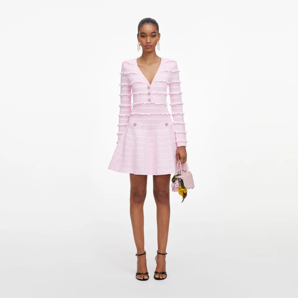 Self Portrait Pink Pointelle Diamante Knit Mini Kleid Pink S