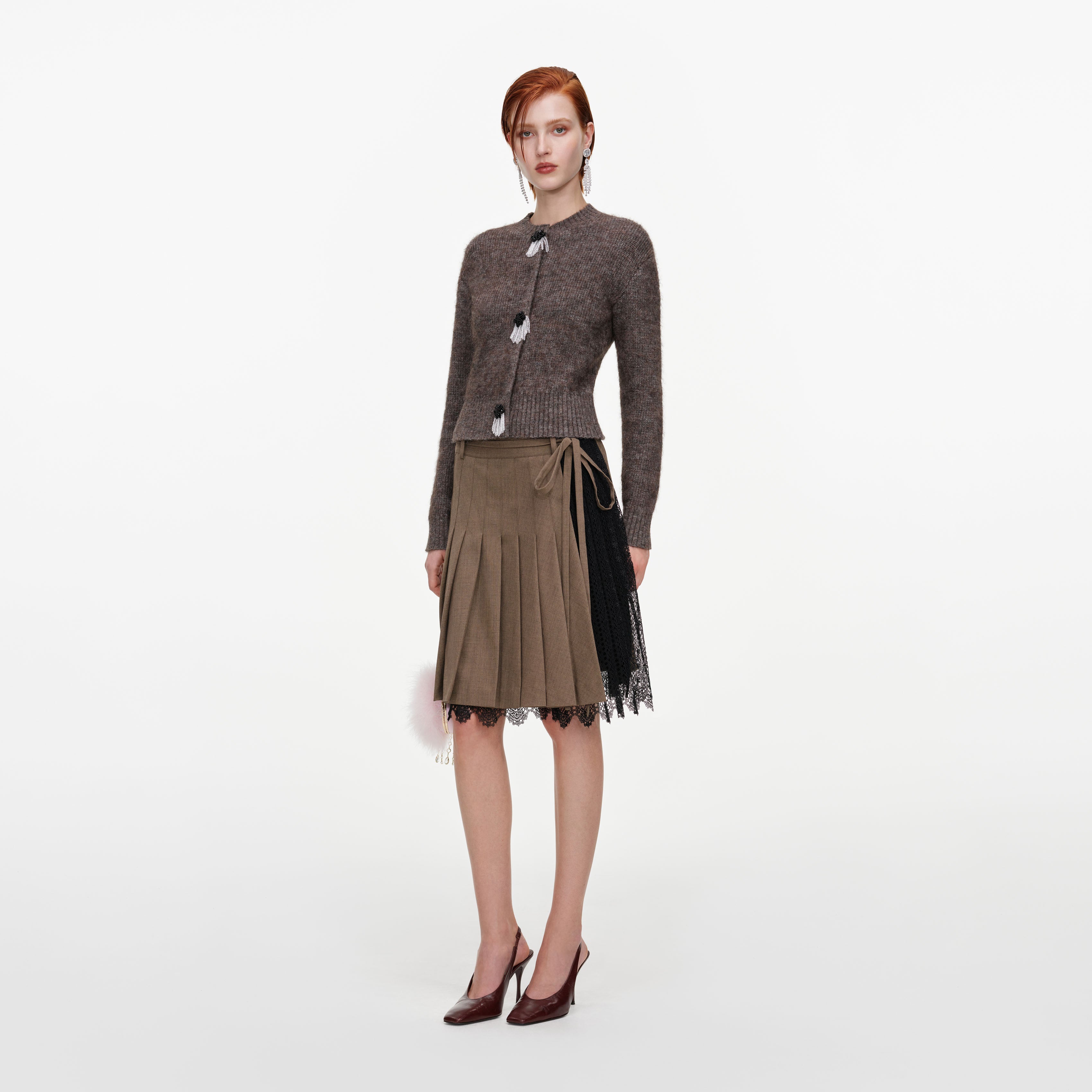 Self Portrait Brown Twill Lace Pleated Midi Rock Braun UK 8 Plissee