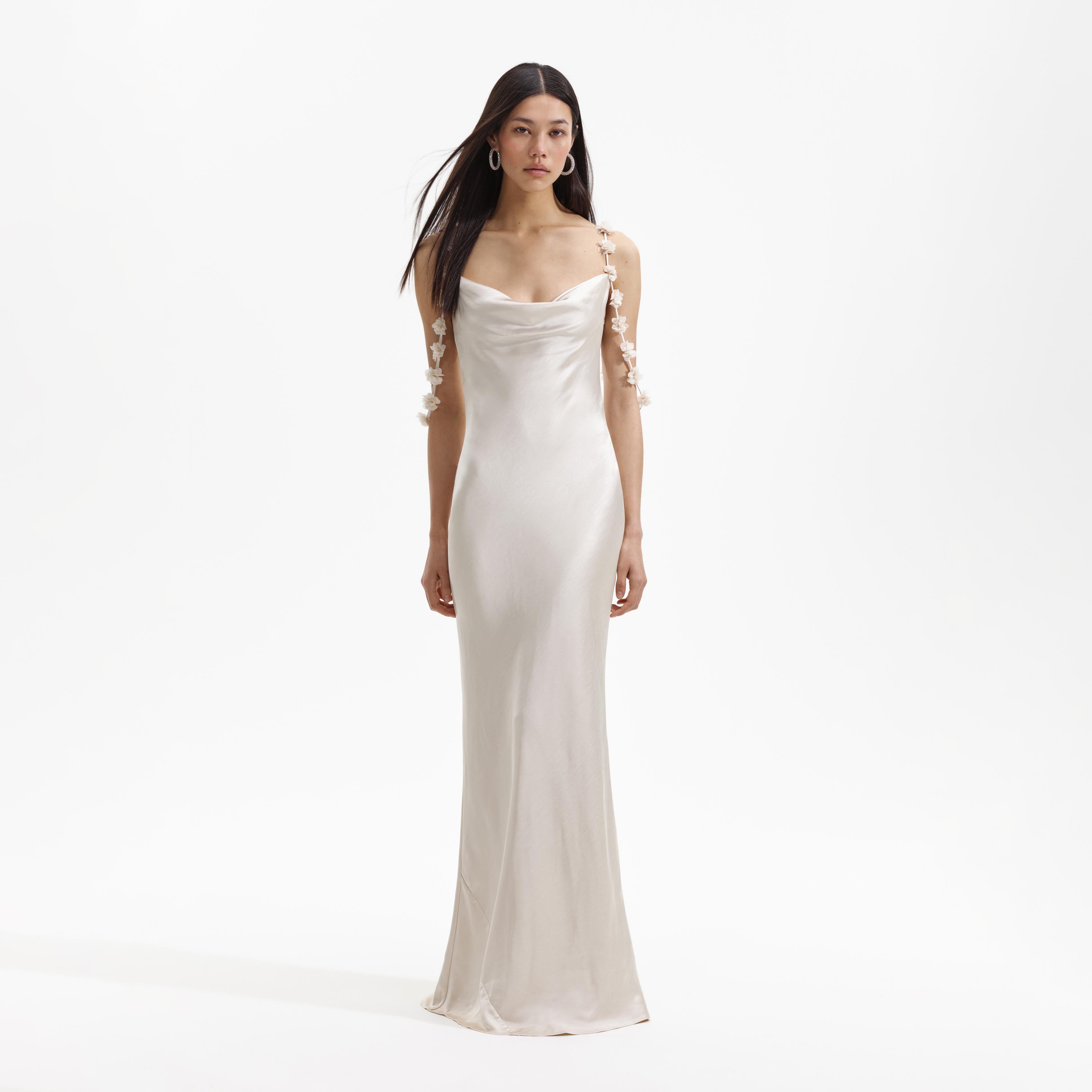 Self Portrait Champagne Satin Flower Maxikleid Champagner