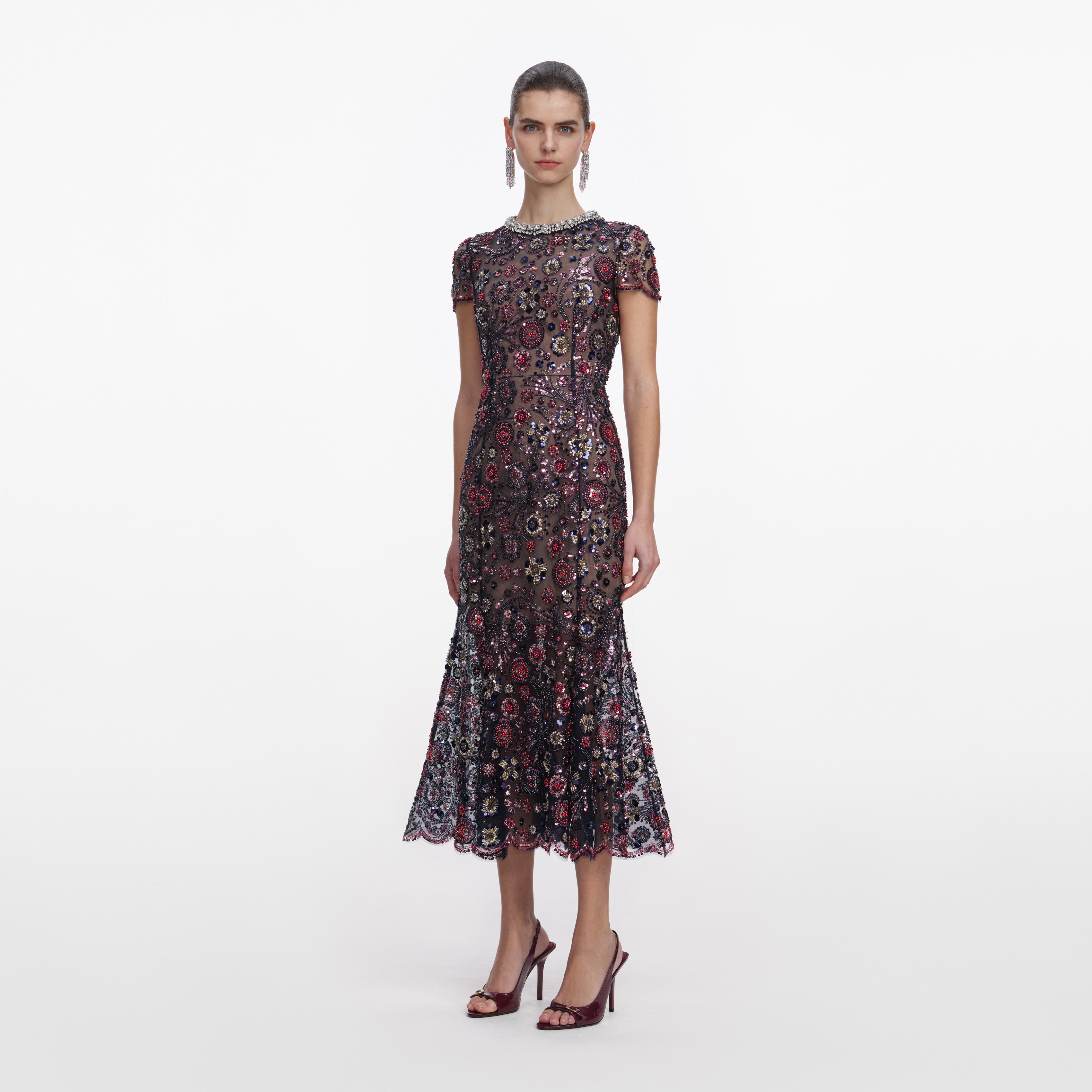 Self Portrait Kleid Marine Floral Midi Pailletten
