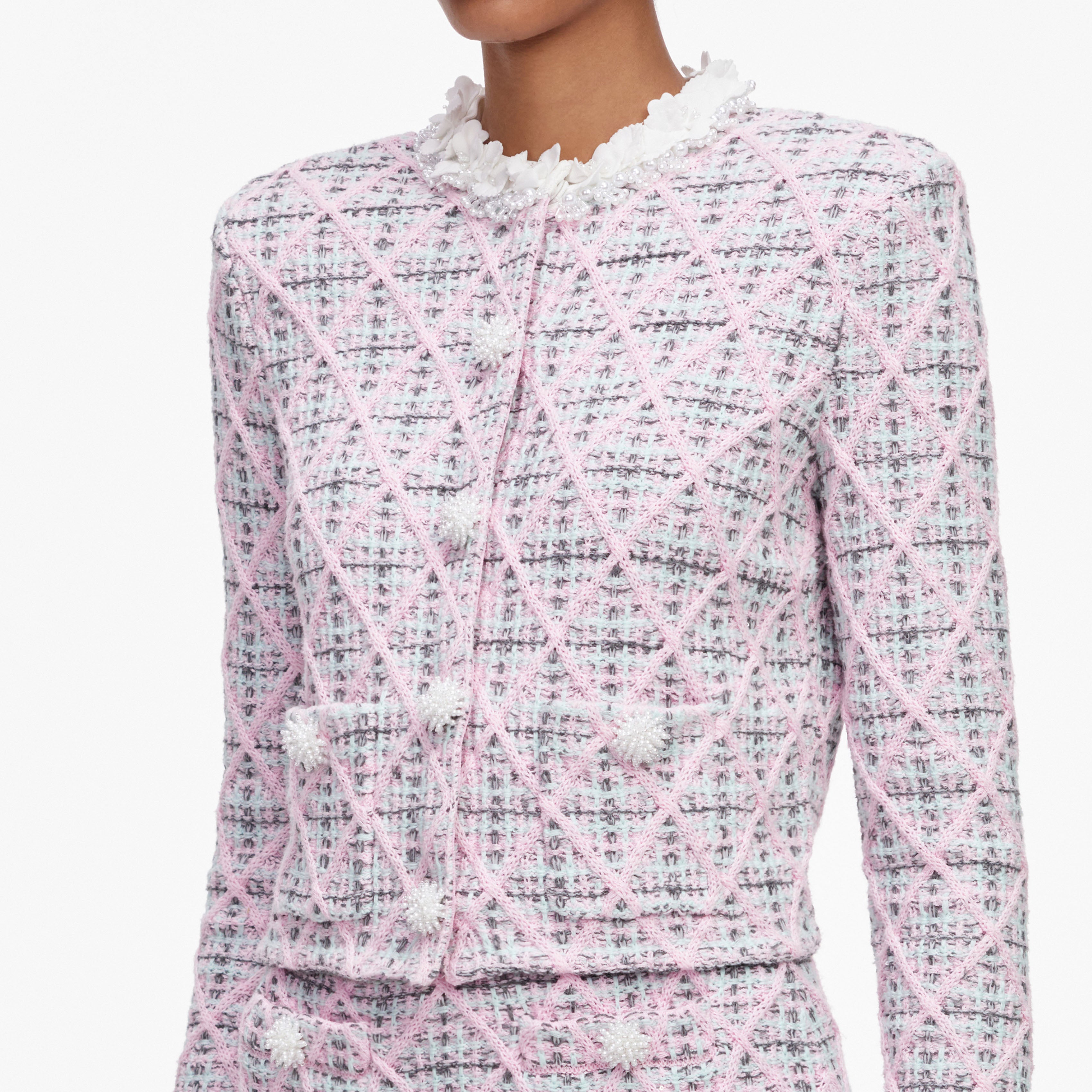 Self Portrait Pink Check Knit Cardigan Strickjacke Rosa