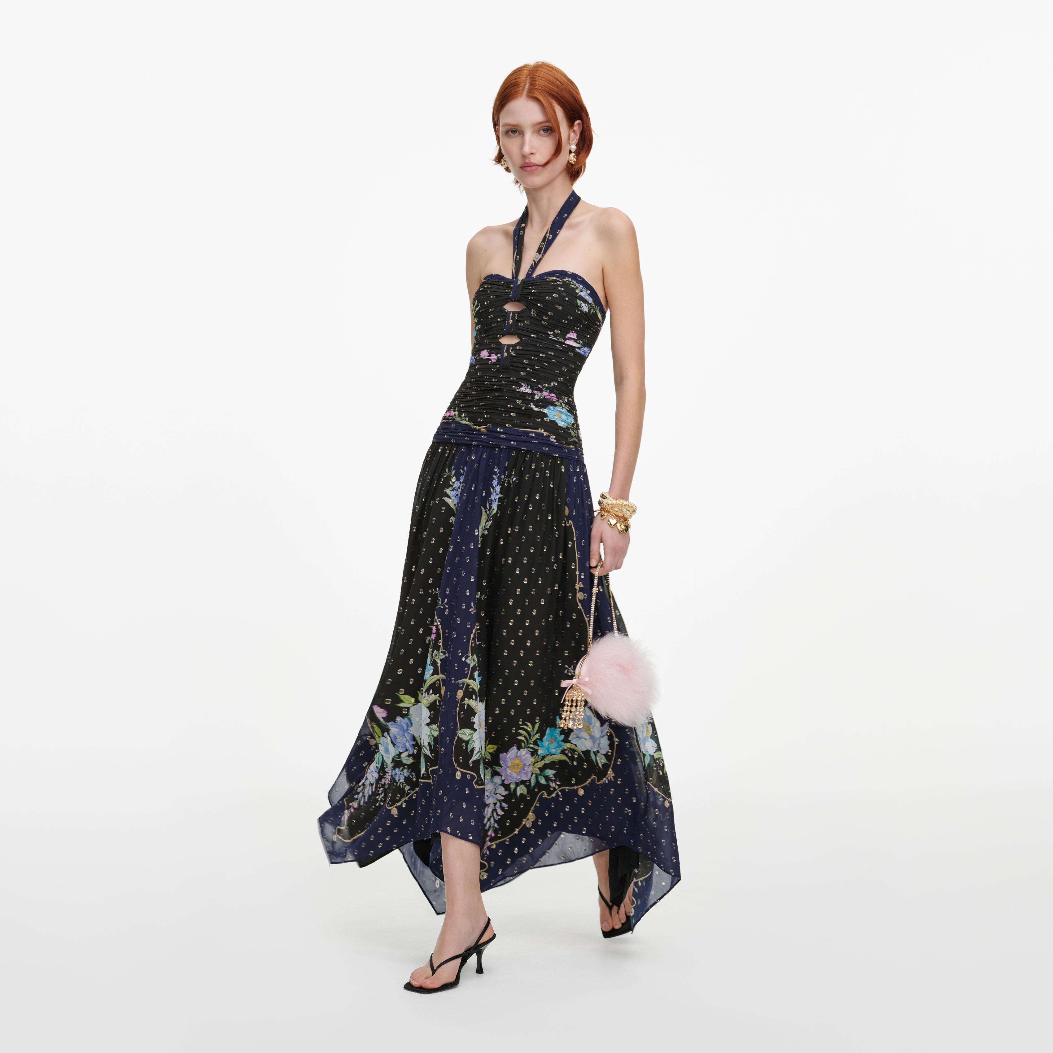 Self Portrait Navy Metallic Chiffon Midikleid Blau