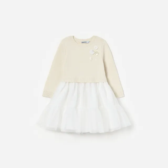 Self Portrait Cream Tulle Knit Kinderkleid Creme Merinowolle