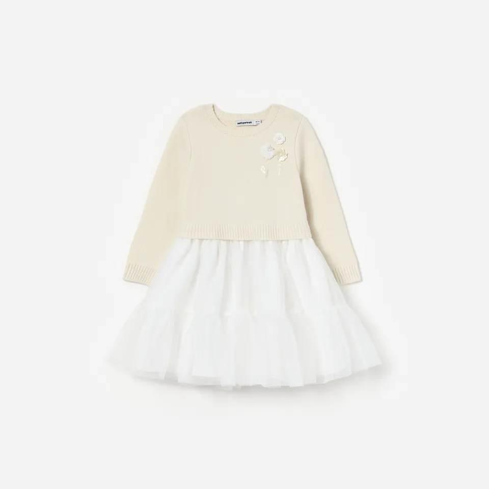 Self Portrait Cream Tulle Knit Kinderkleid Creme Merinowolle