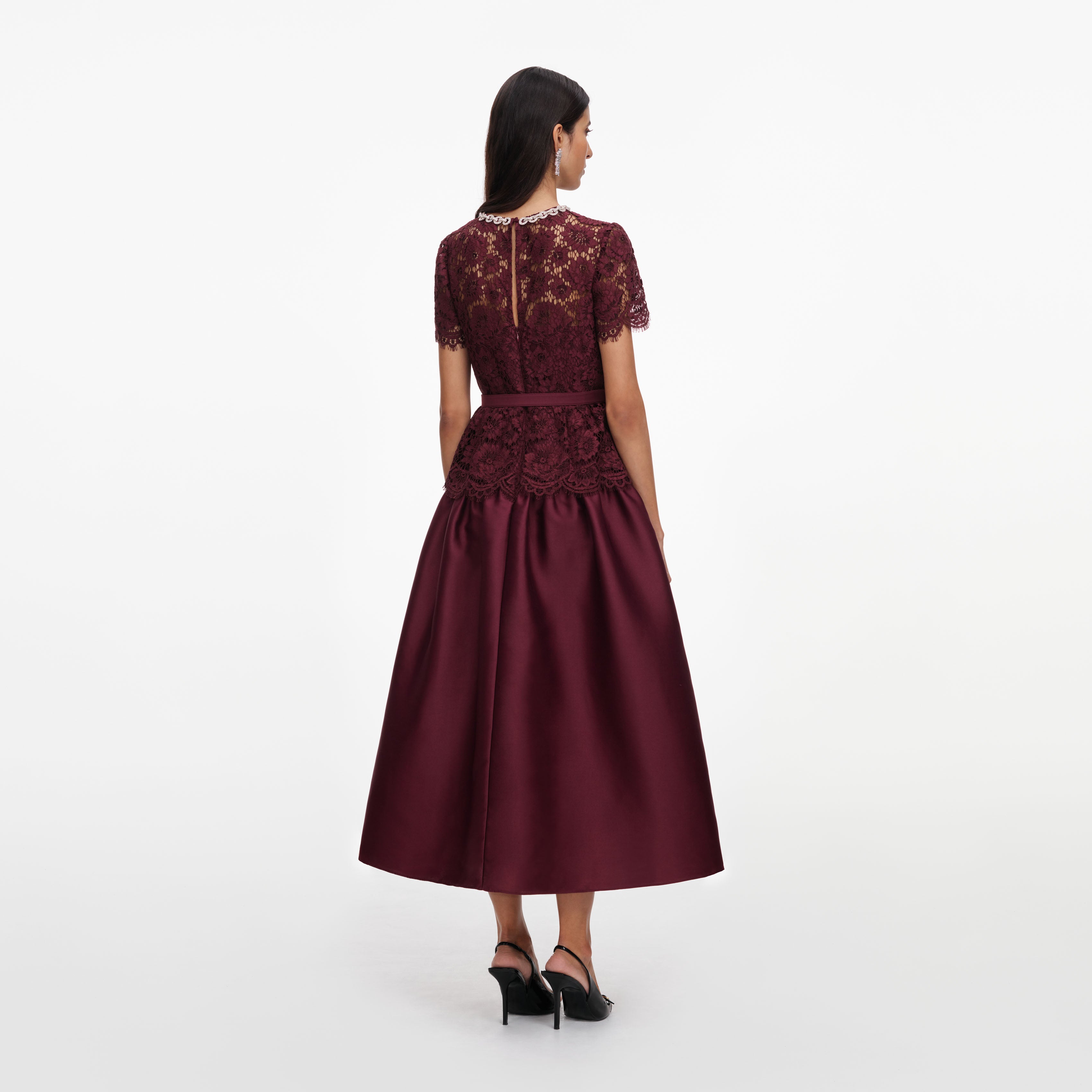 Self Portrait Burgundy Lace Taffeta Midi Kleid Bordeaux