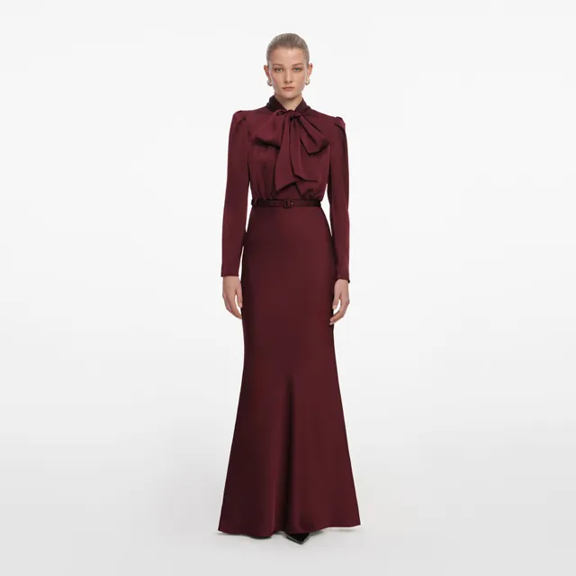 Self Portrait Burgundy Tie Neck Satin Maxi Dress Burgunder UK 8