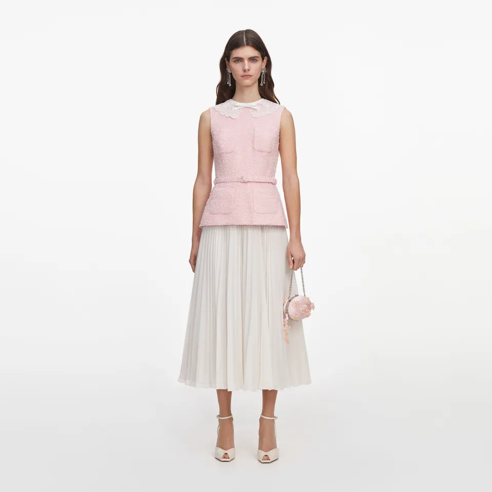 Self Portrait Pink Boucle Midi Kleid Rosa Spitze UK 6
