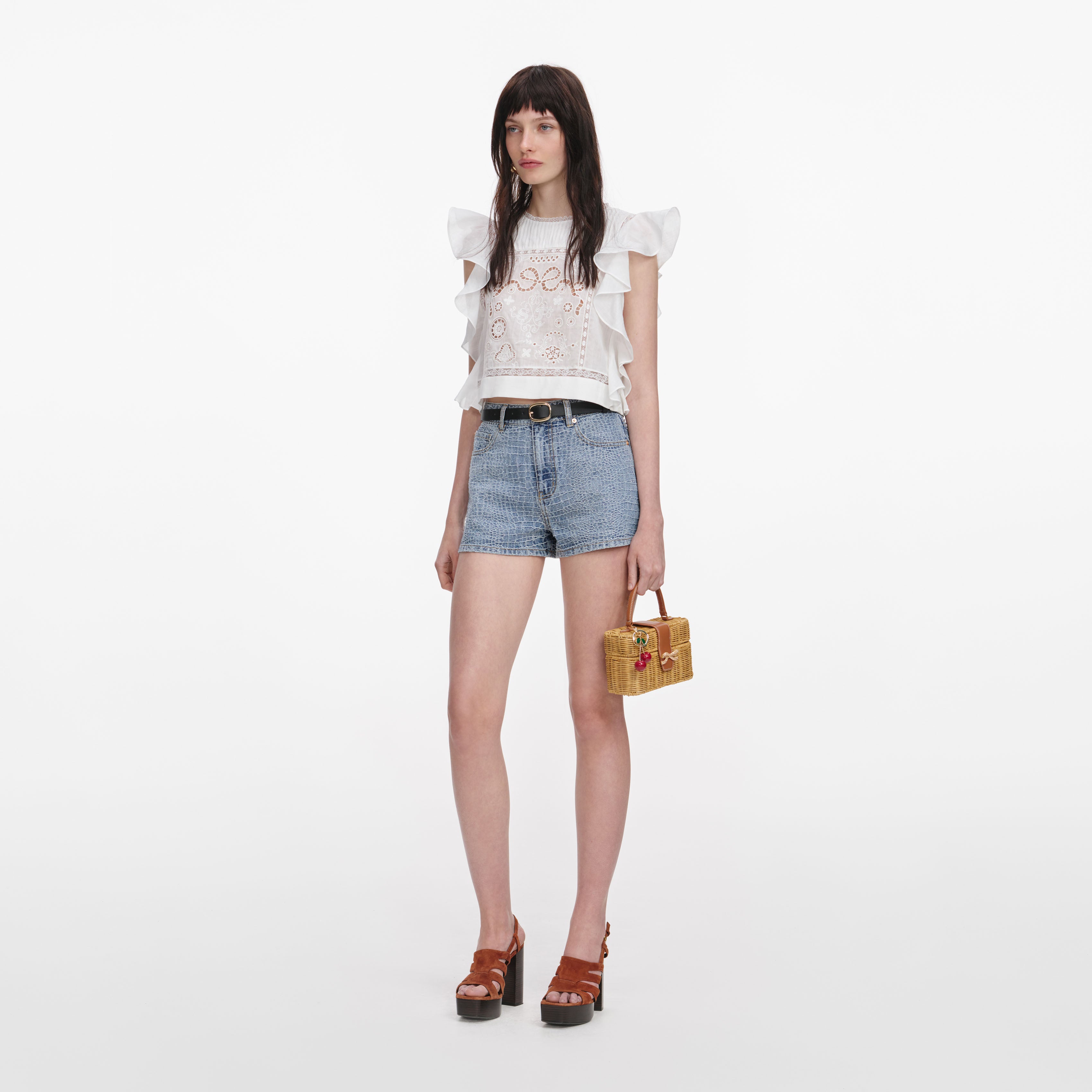 Self Portrait Ramie Lace Top Bluse Weiß Rüschen Cropped