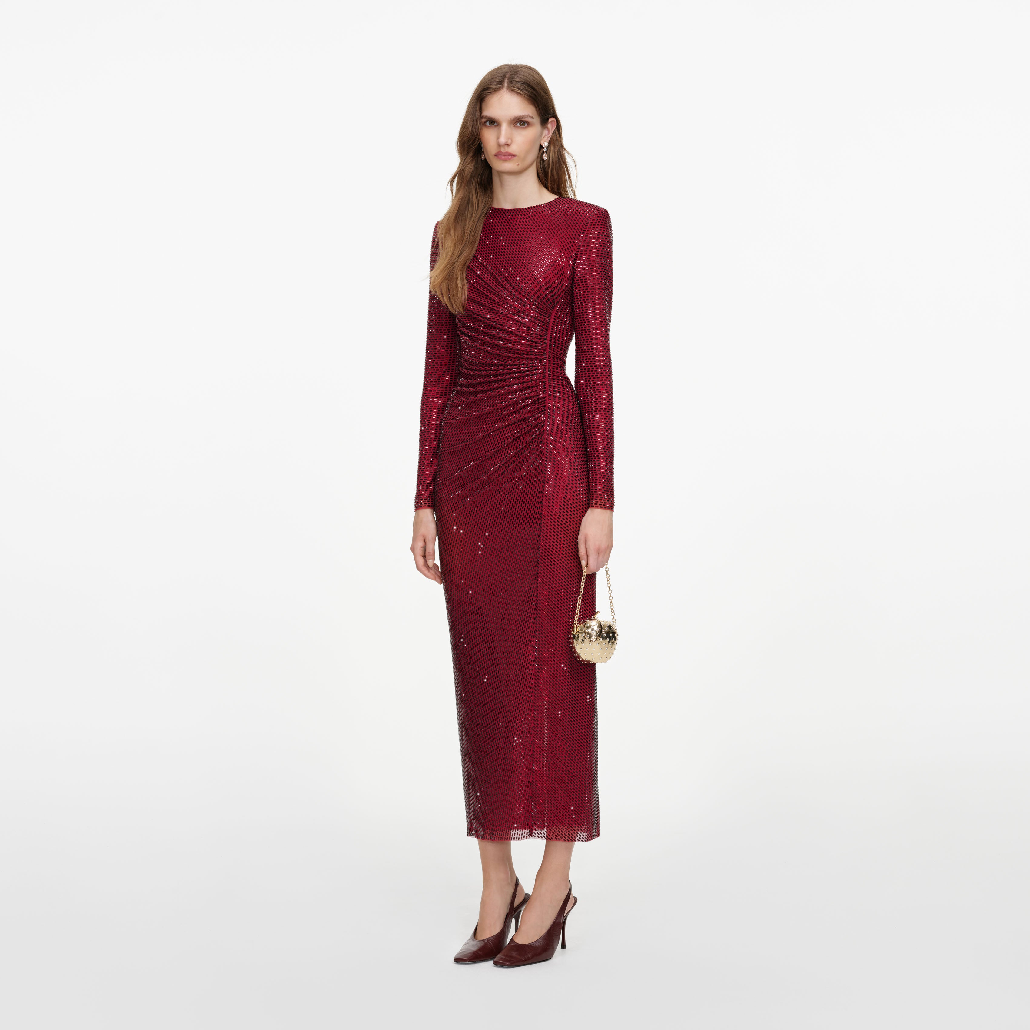Self Portrait Burgundy Rhinestone Gathered Midi Kleid Bordeaux