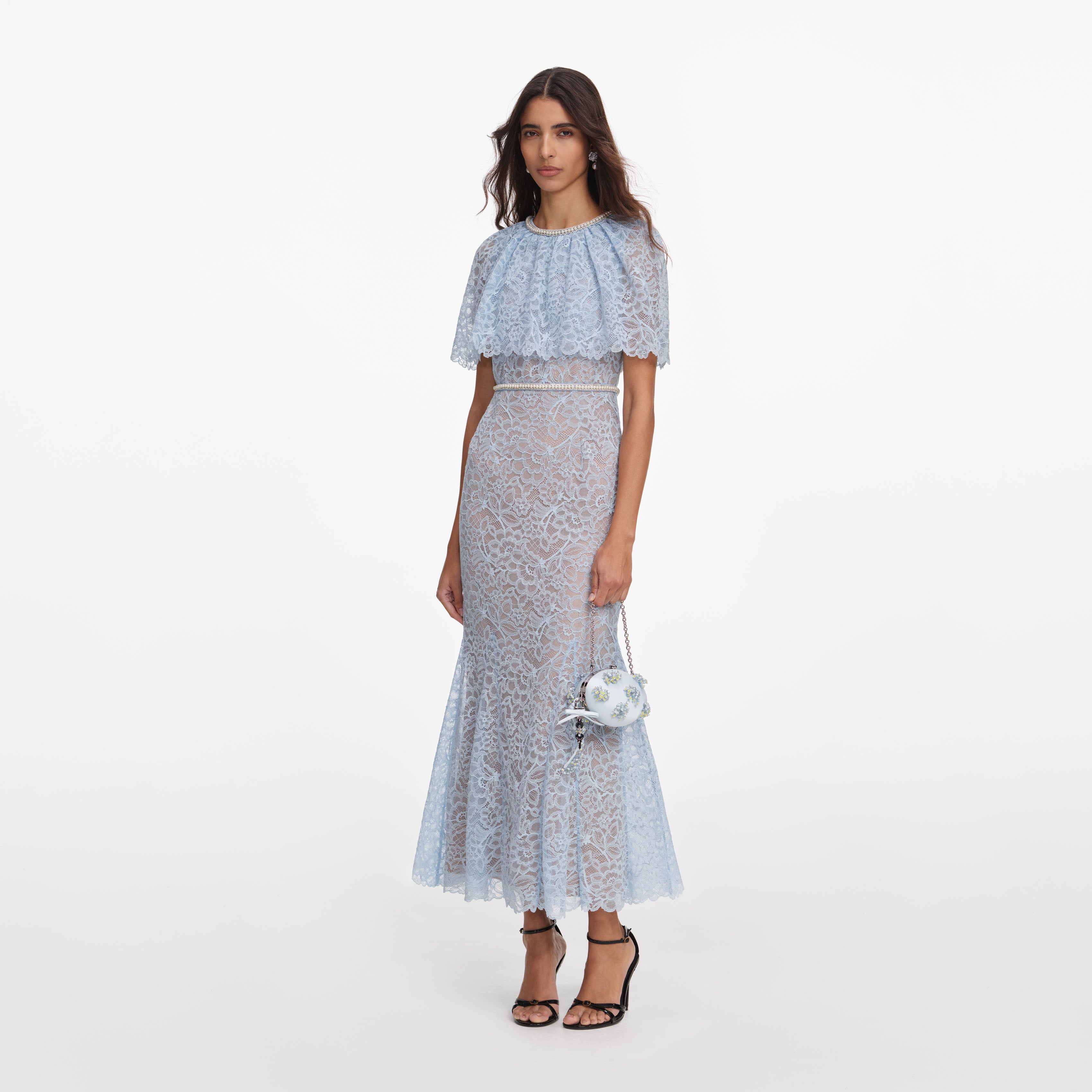 Self Portrait Spitze Midikleid Blau Cape Perlenbesatz