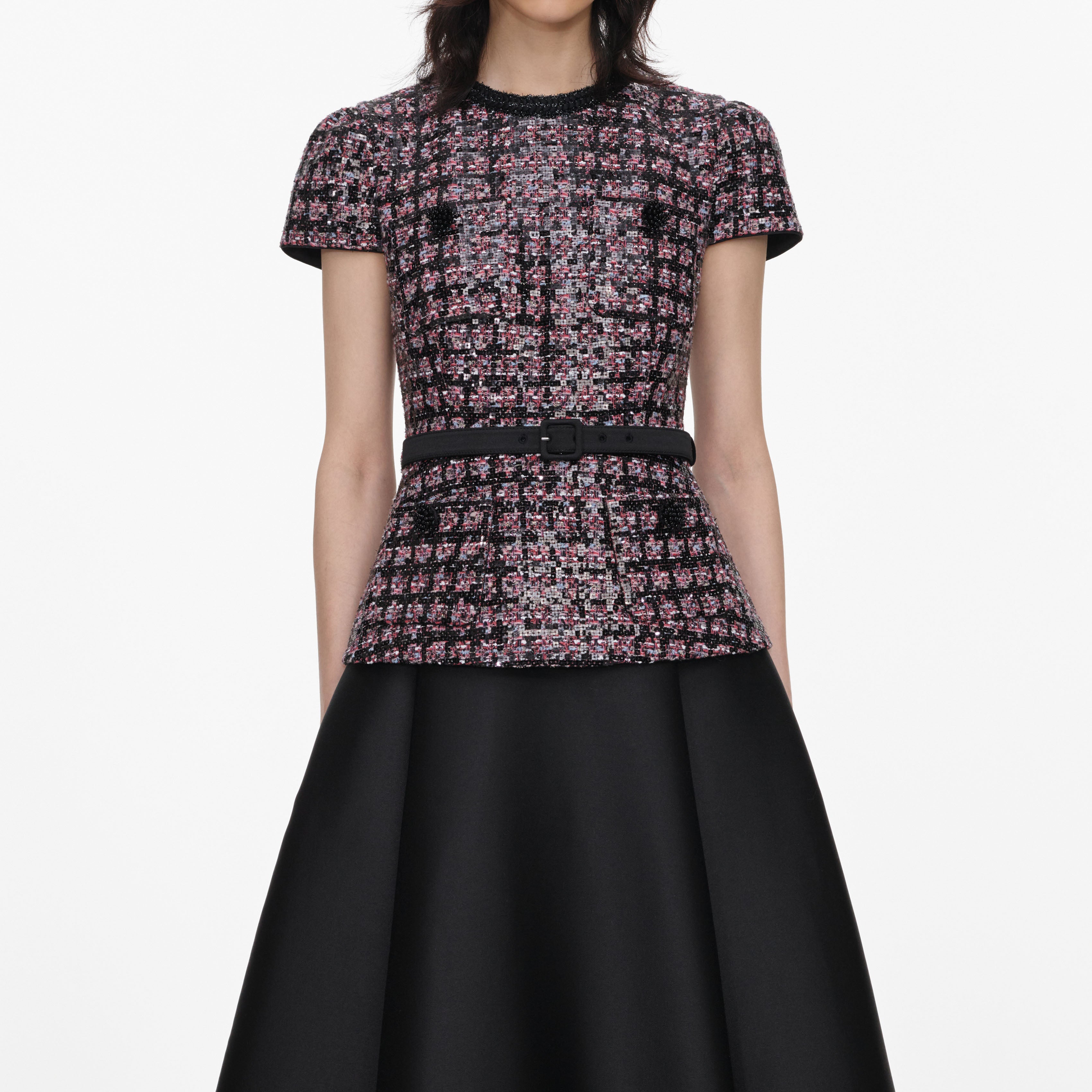 Self Portrait Pink Black Sequin Boucle Midi Dress Paillettenkleid