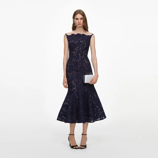 Self Portrait Dresses Navy Spiral Spitze Midikleid Navy