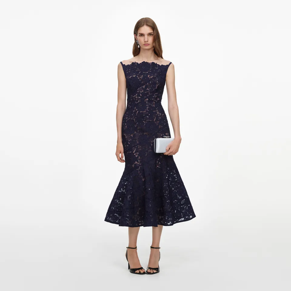 Self Portrait Dresses Navy Spiral Spitze Midikleid Navy