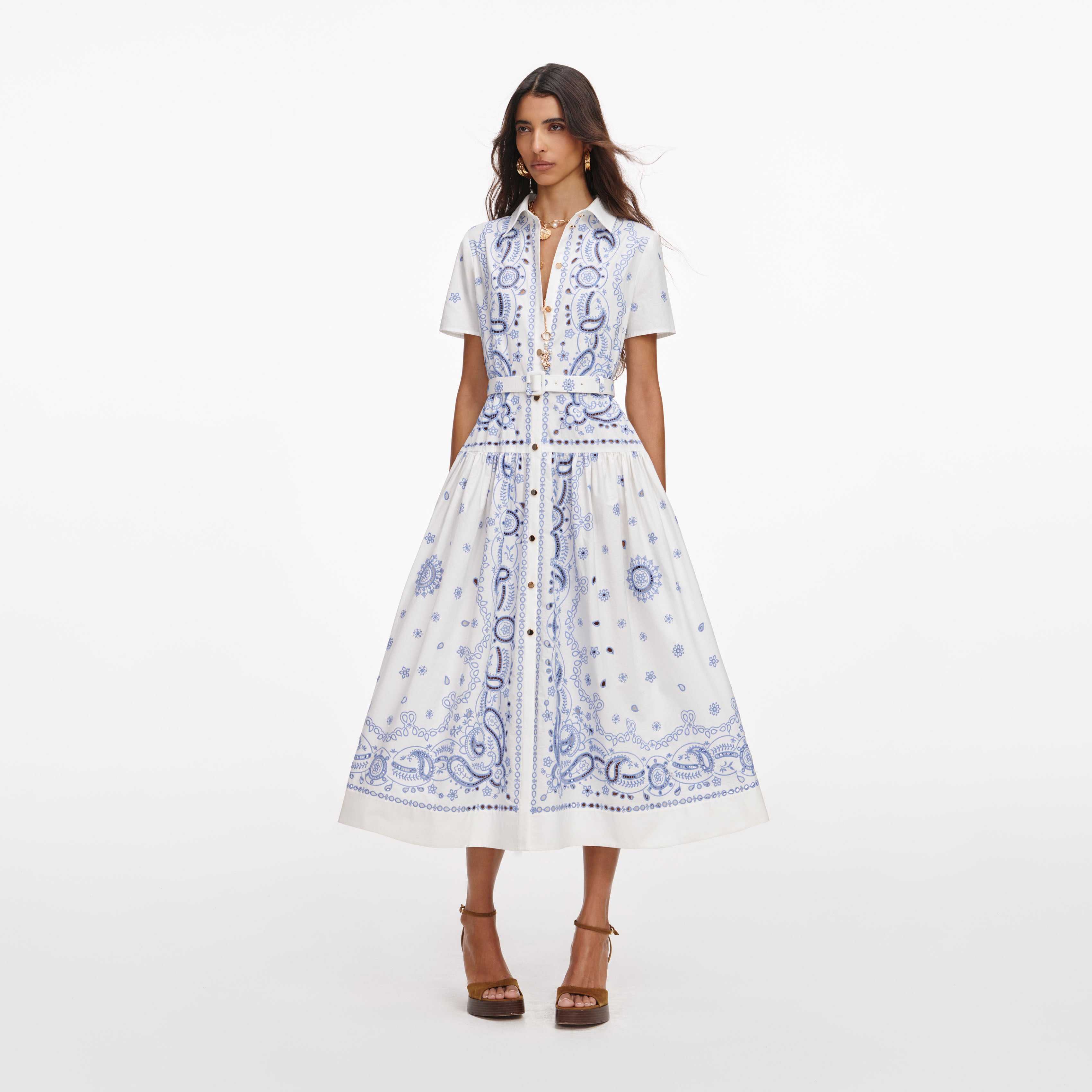 Self Portrait White Blue Embroidered Midi Kleid Weiss