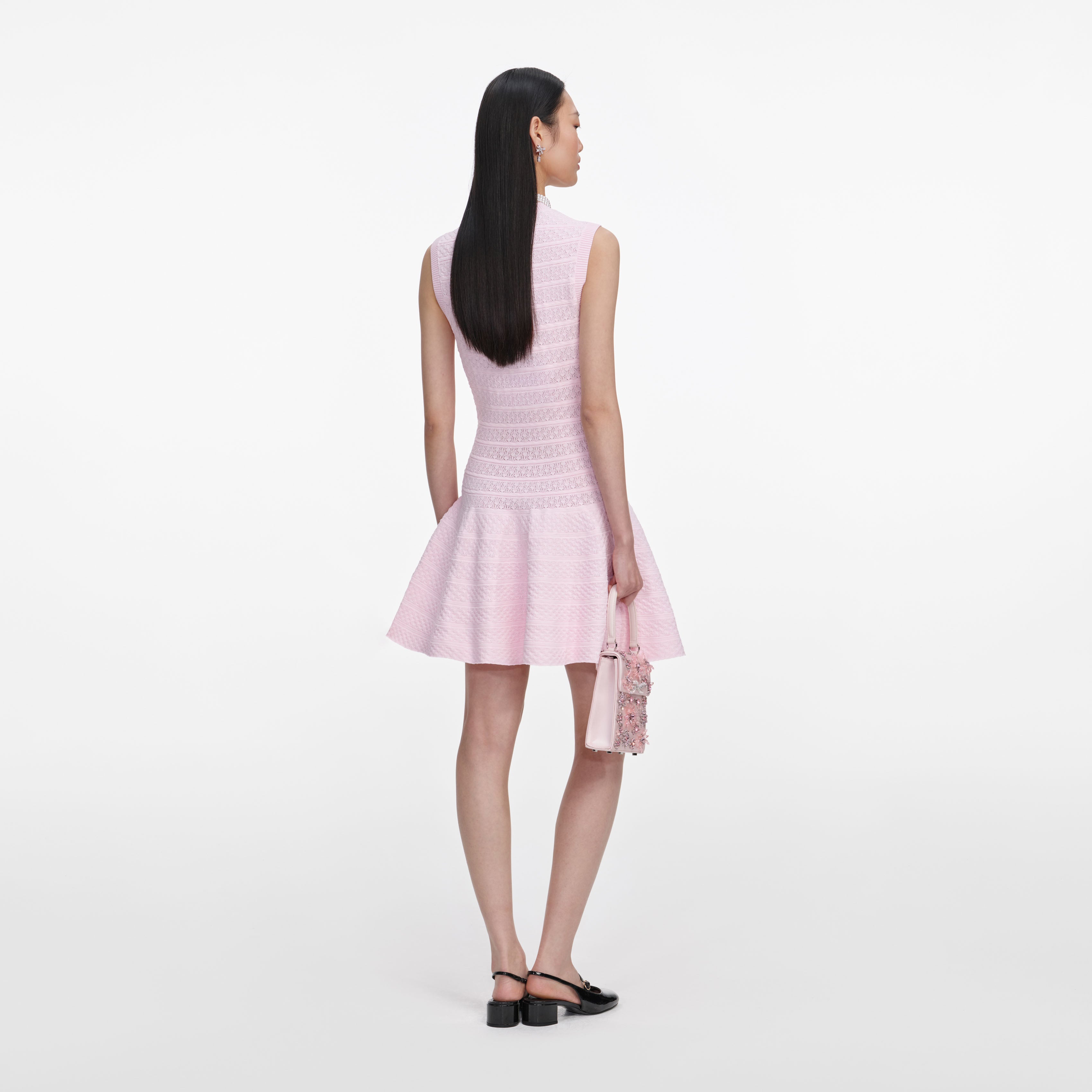 Self Portrait Pink Pointelle Diamante Knit Mini Kleid Rosa