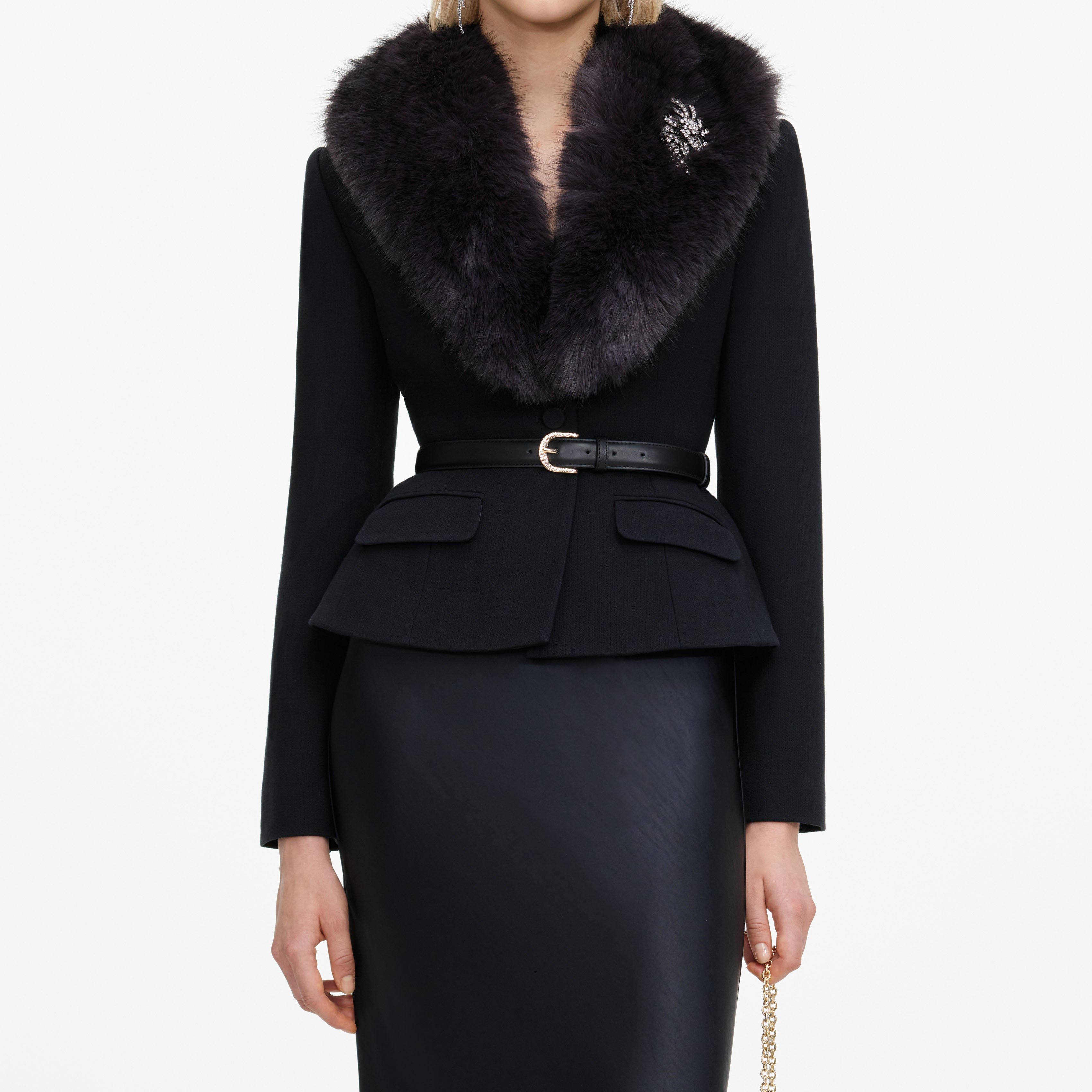 Self Portrait Black Tailored Fur Collar Maxikleid Schwarz