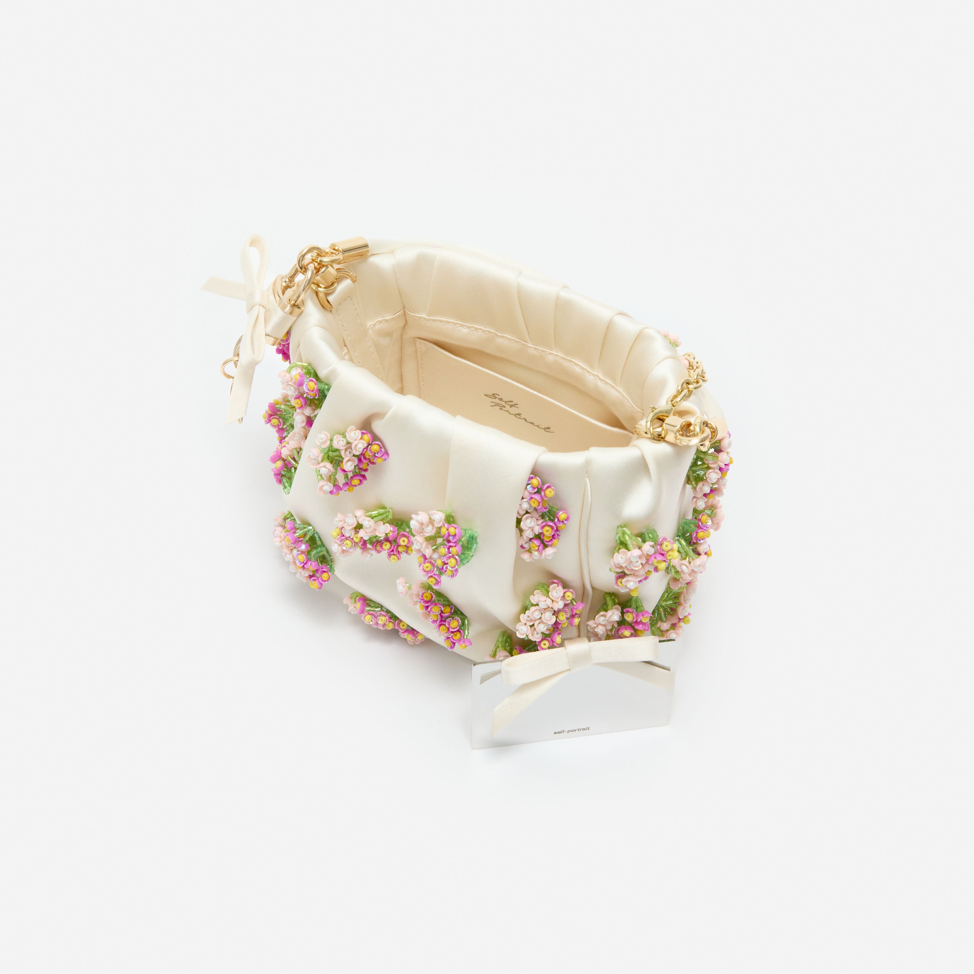 Self Portrait Floral Beaded Tote Bag Satin Creme One Size