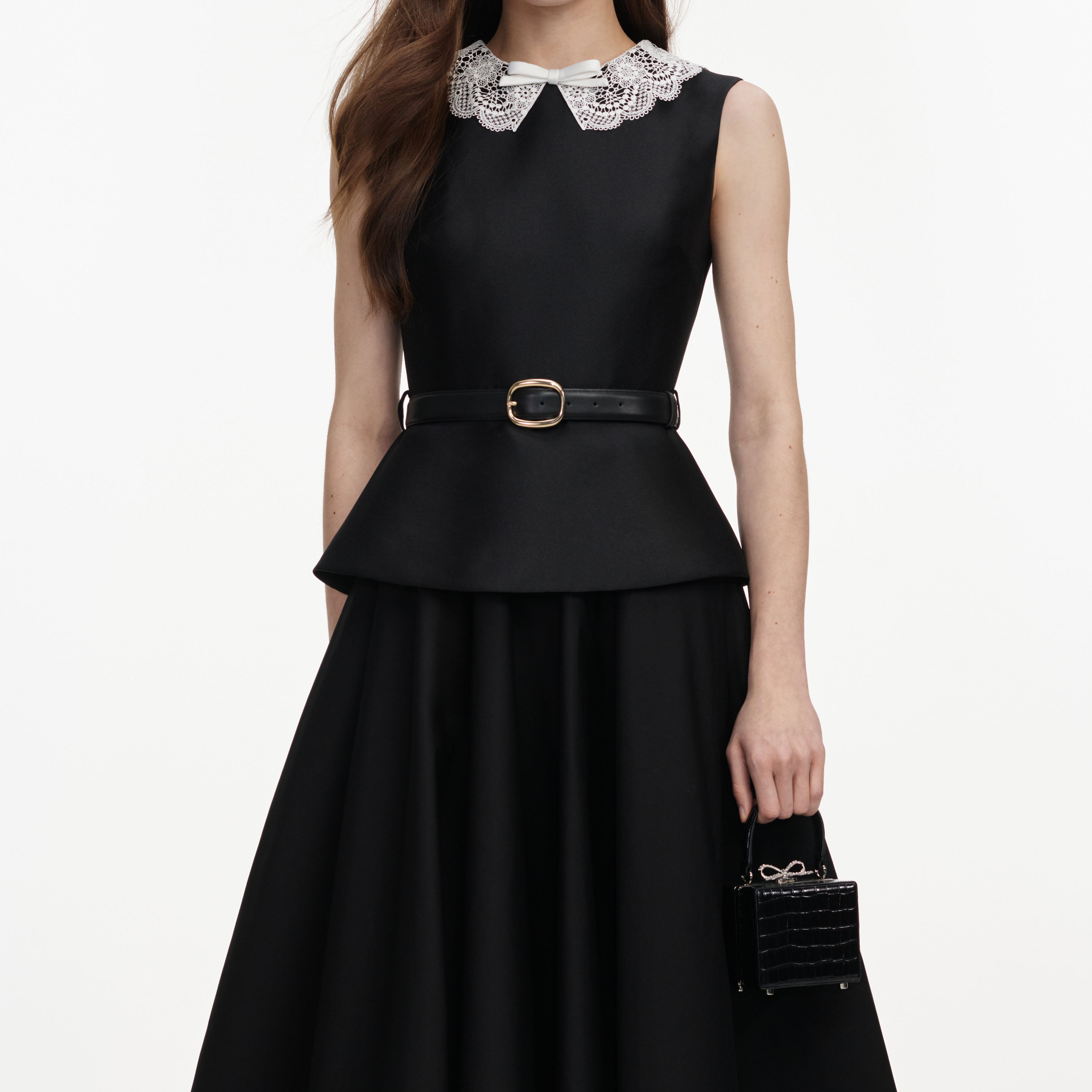 Self Portrait Black Taffeta Peplum Midi Kleid UK 8 Schwarz