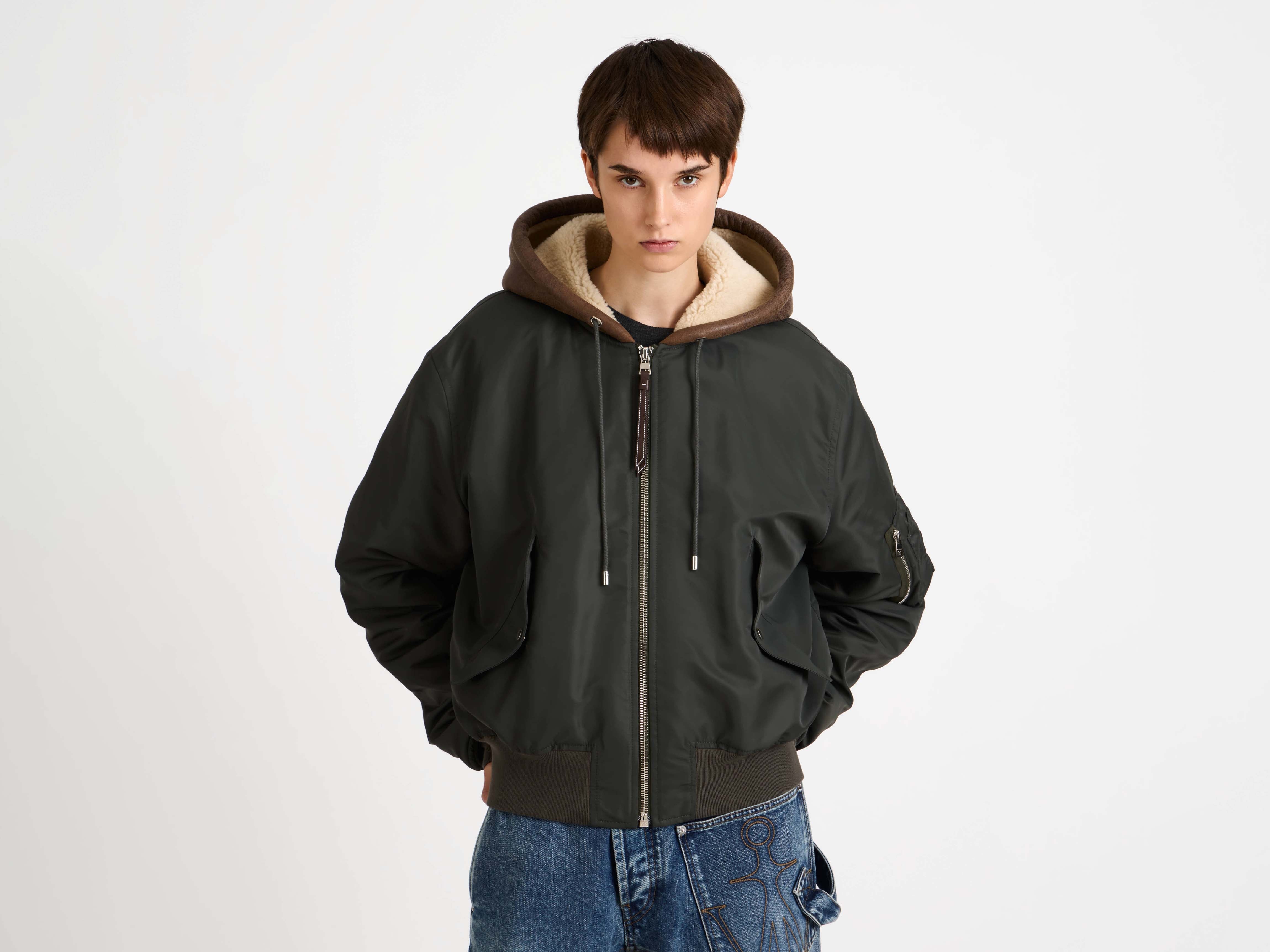 J.W.Anderson Coats Bomberjacke Damen Nylon Dark Khaki Lederkapuze