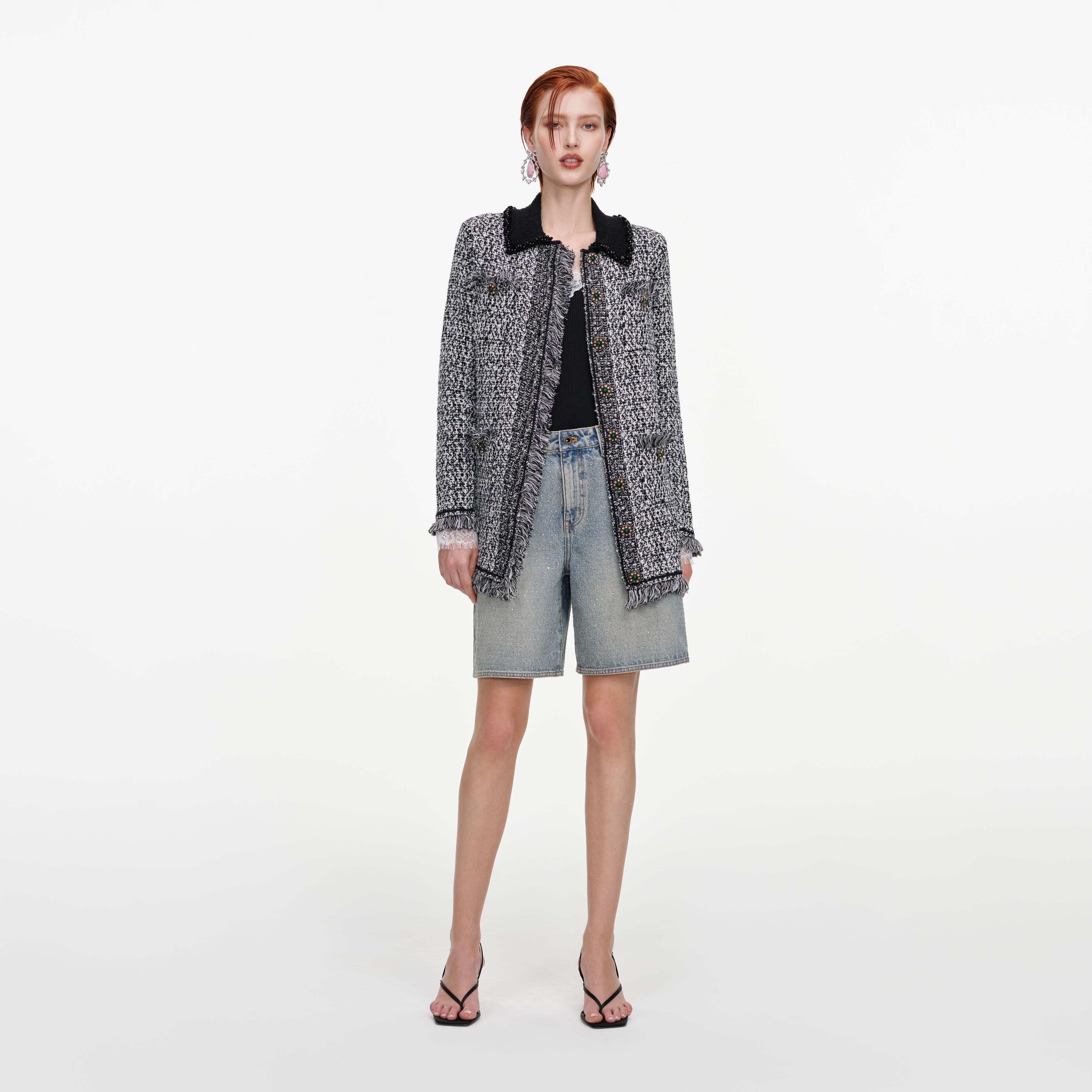 Self Portrait Knitwear Black White Textured Cardigan