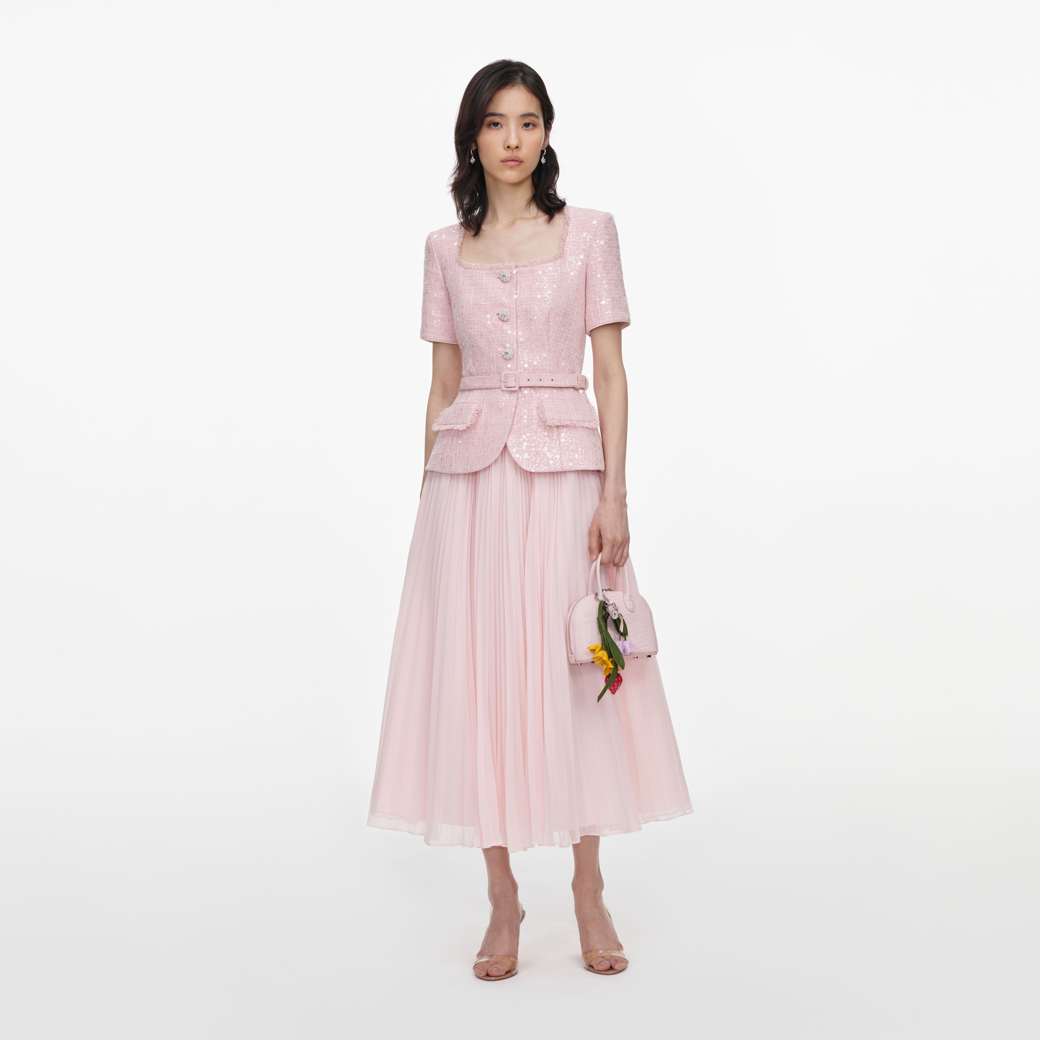 Self Portrait Pink Sequin Boucle Midikleid Rosa UK 4-16 Pailletten