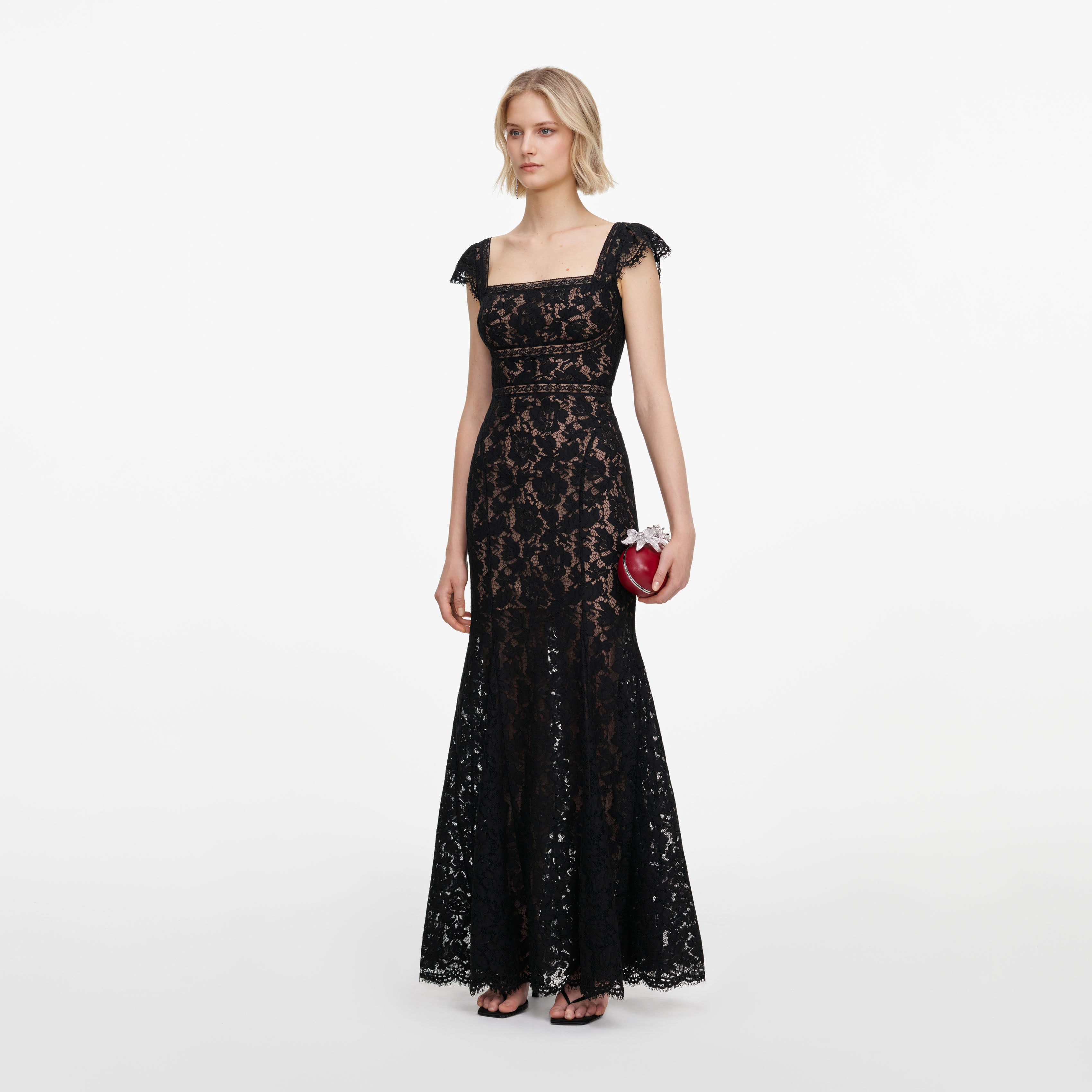 Self Portrait Dresses Black Lace Square Neck Maxi Kleid Schwarz Spitze