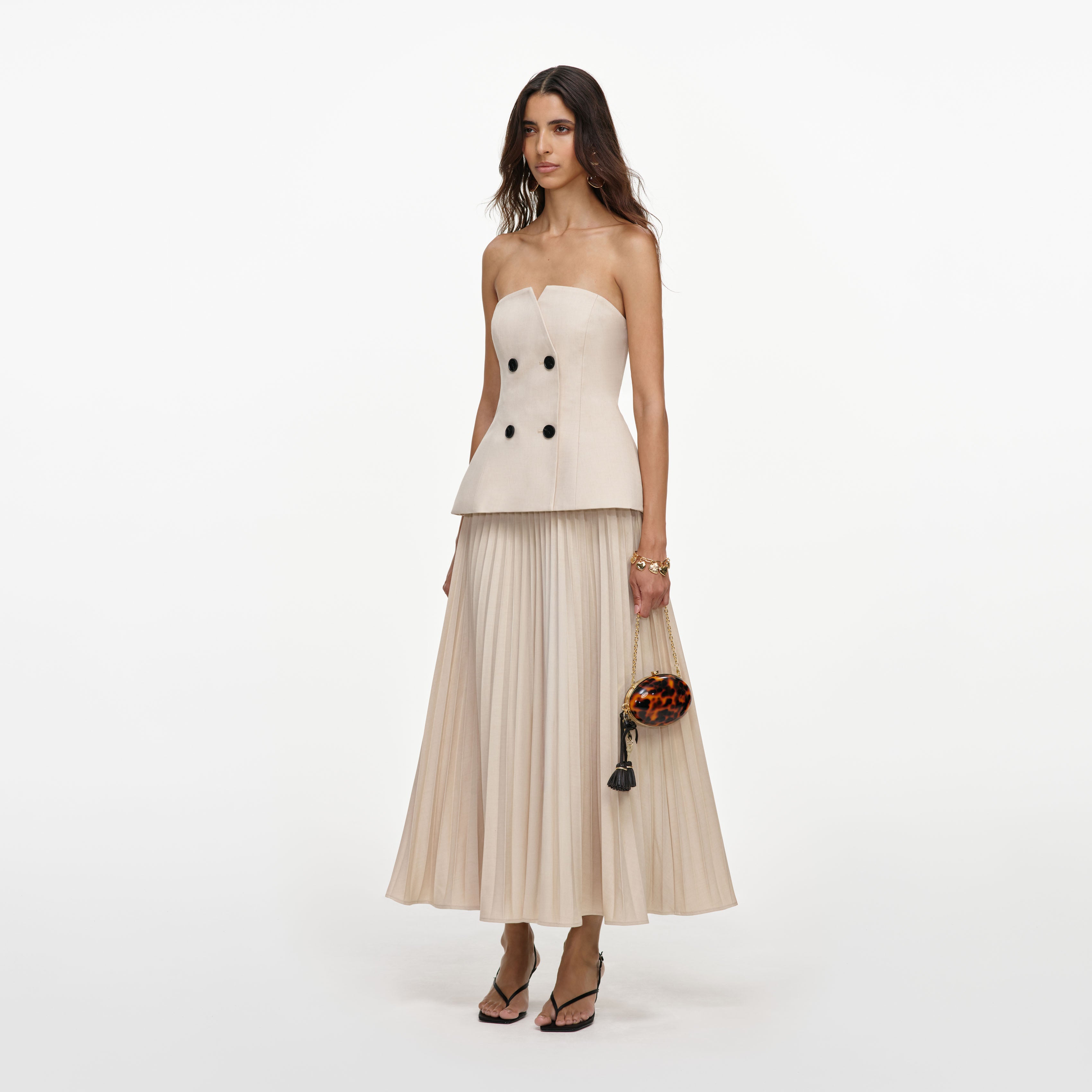 Self Portrait Dresses Beige Bandeau Midi Kleid beige plissiert