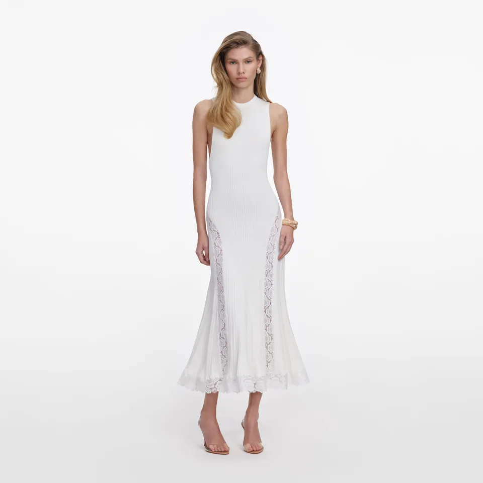Self Portrait White Knit Lace Midi Kleid Weiß S Spitze Stretch
