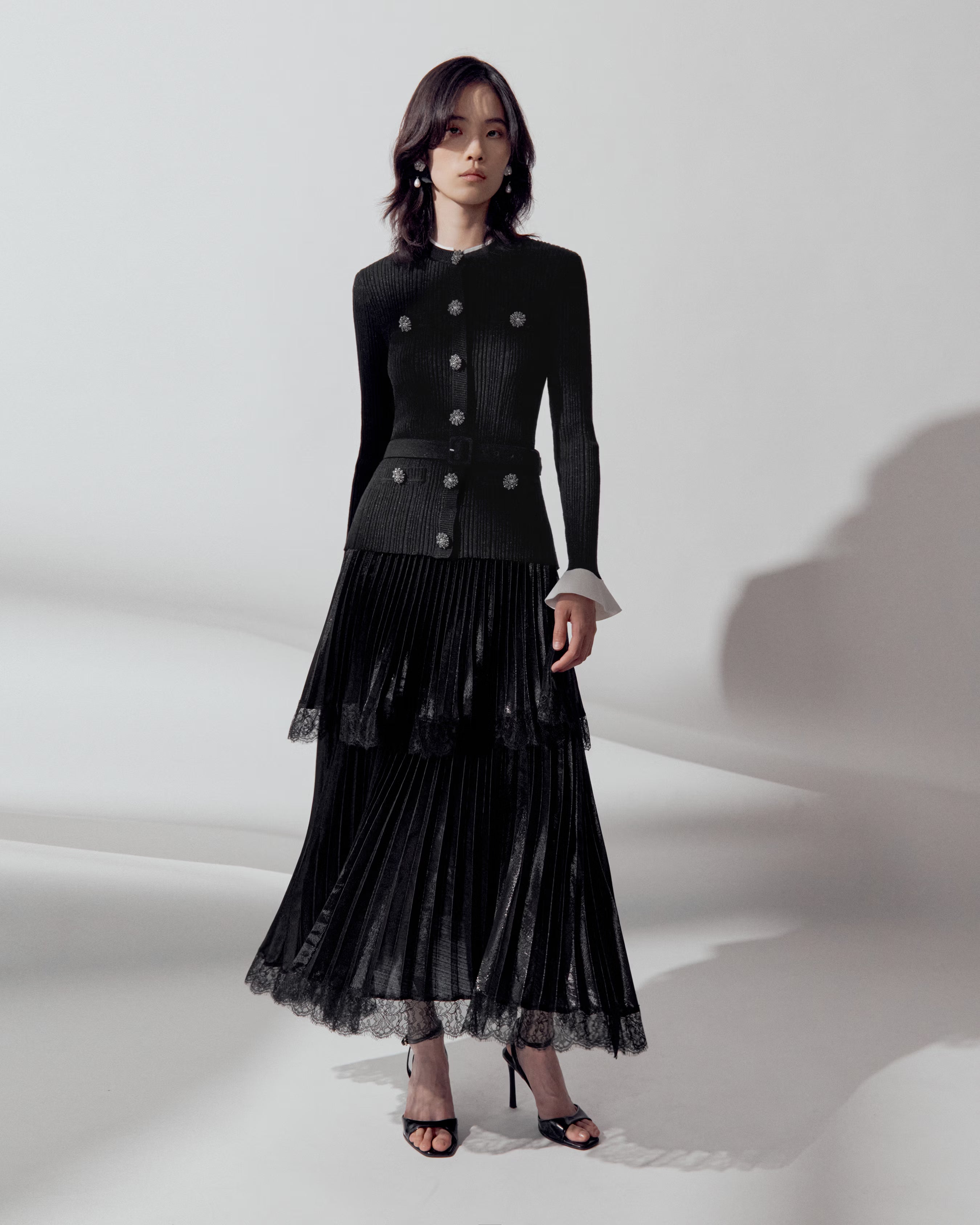 Self Portrait Black Knit Chiffon Midi Dress Schwarz