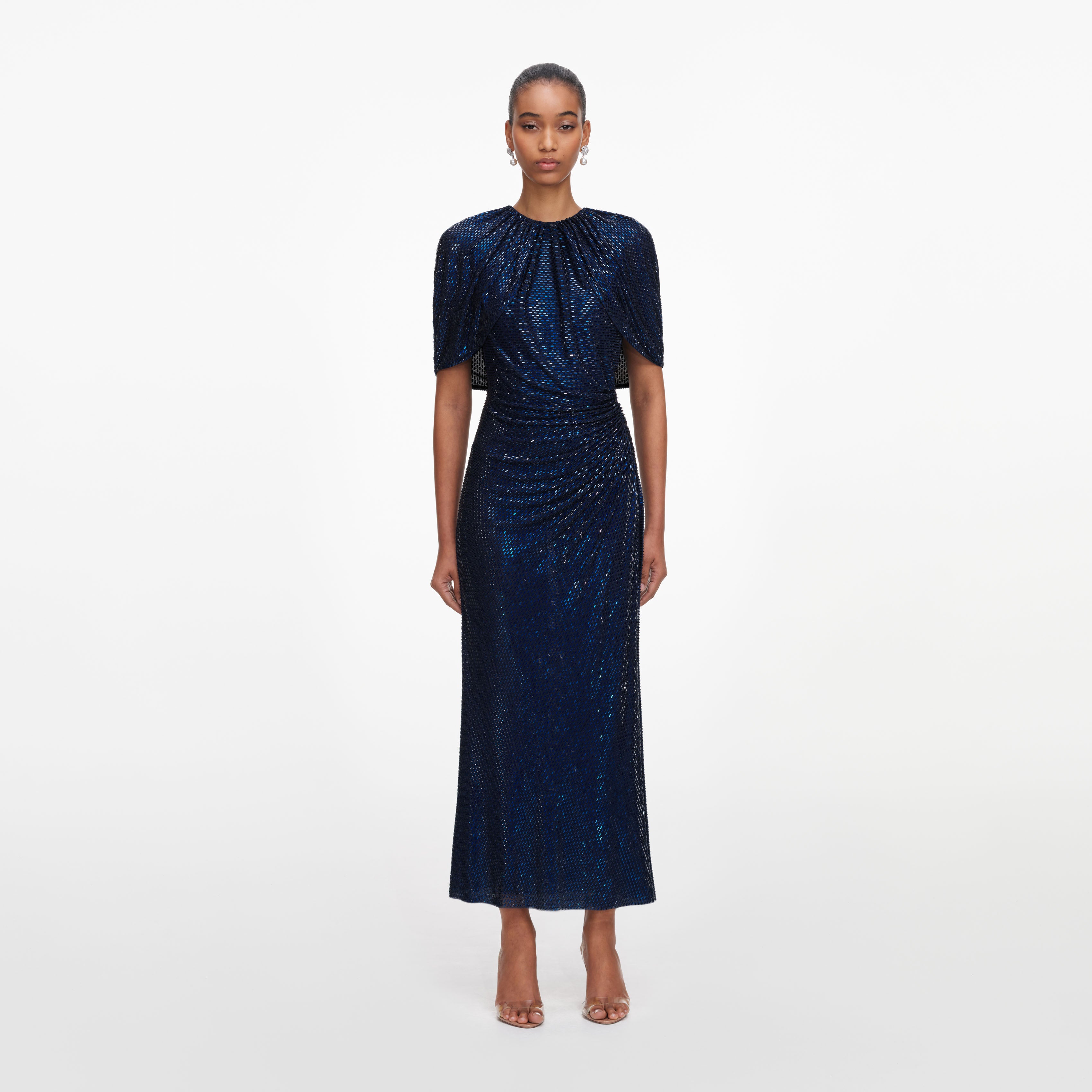 Self Portrait Navy Rhinestone Cape Midikleid mit Strass