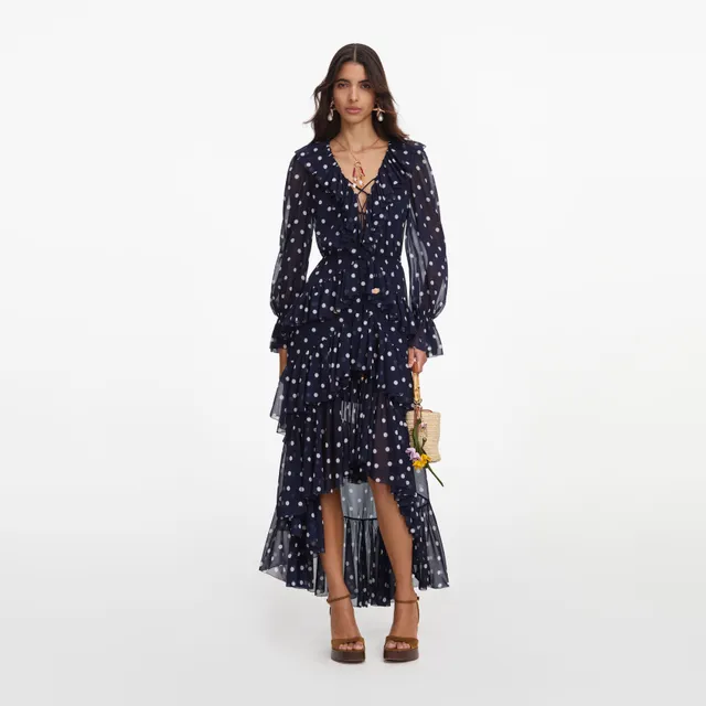 Self Portrait Polka Dot Georgette Maxikleid Navy Punkte