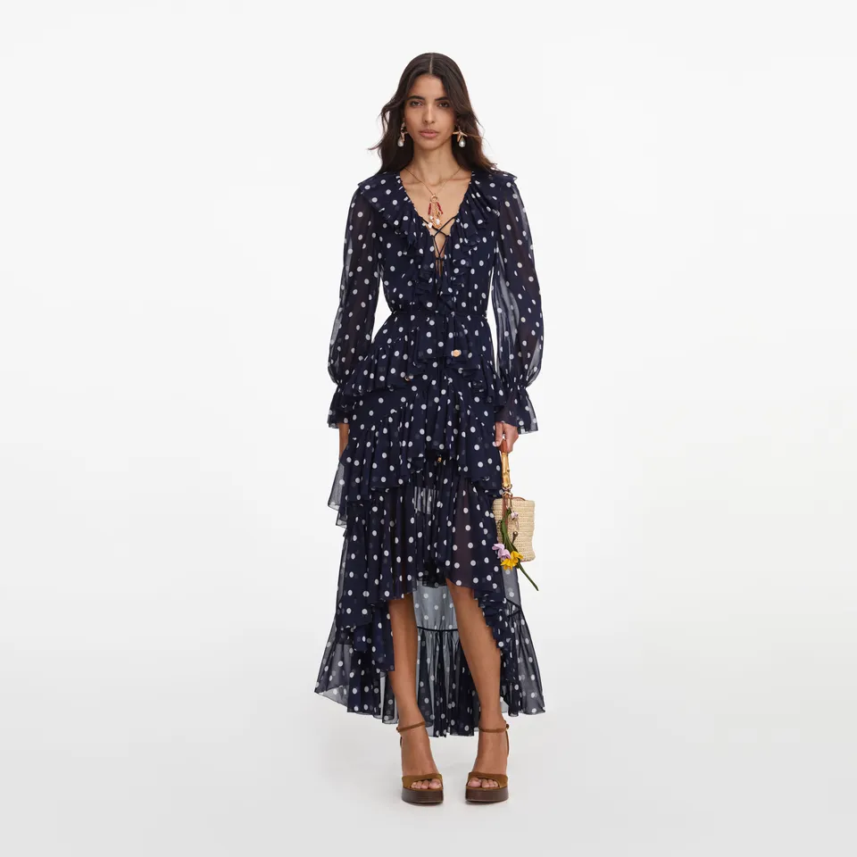 Self Portrait Polka Dot Georgette Maxikleid Navy Punkte