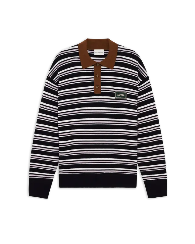 Drôle de Monsieur Striped Knit Polo Navy Merinowolle