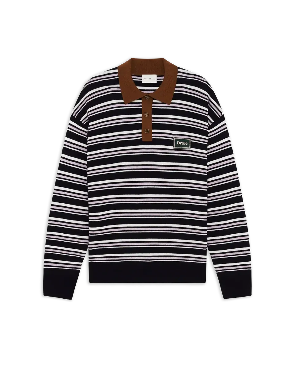 Drôle de Monsieur Striped Knit Polo Navy Merinowolle