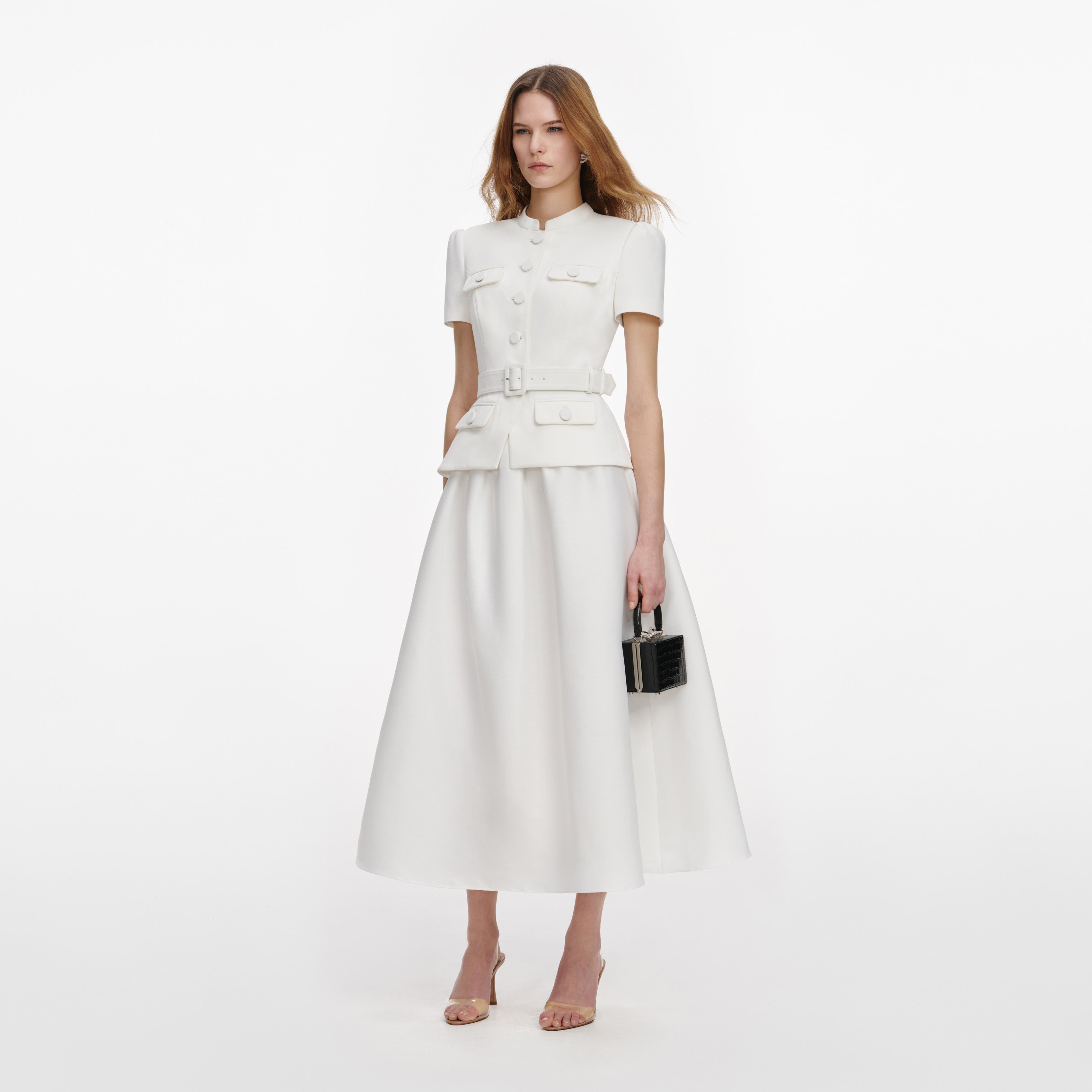 Self Portrait White Tailored Taffeta Midikleid Weiss