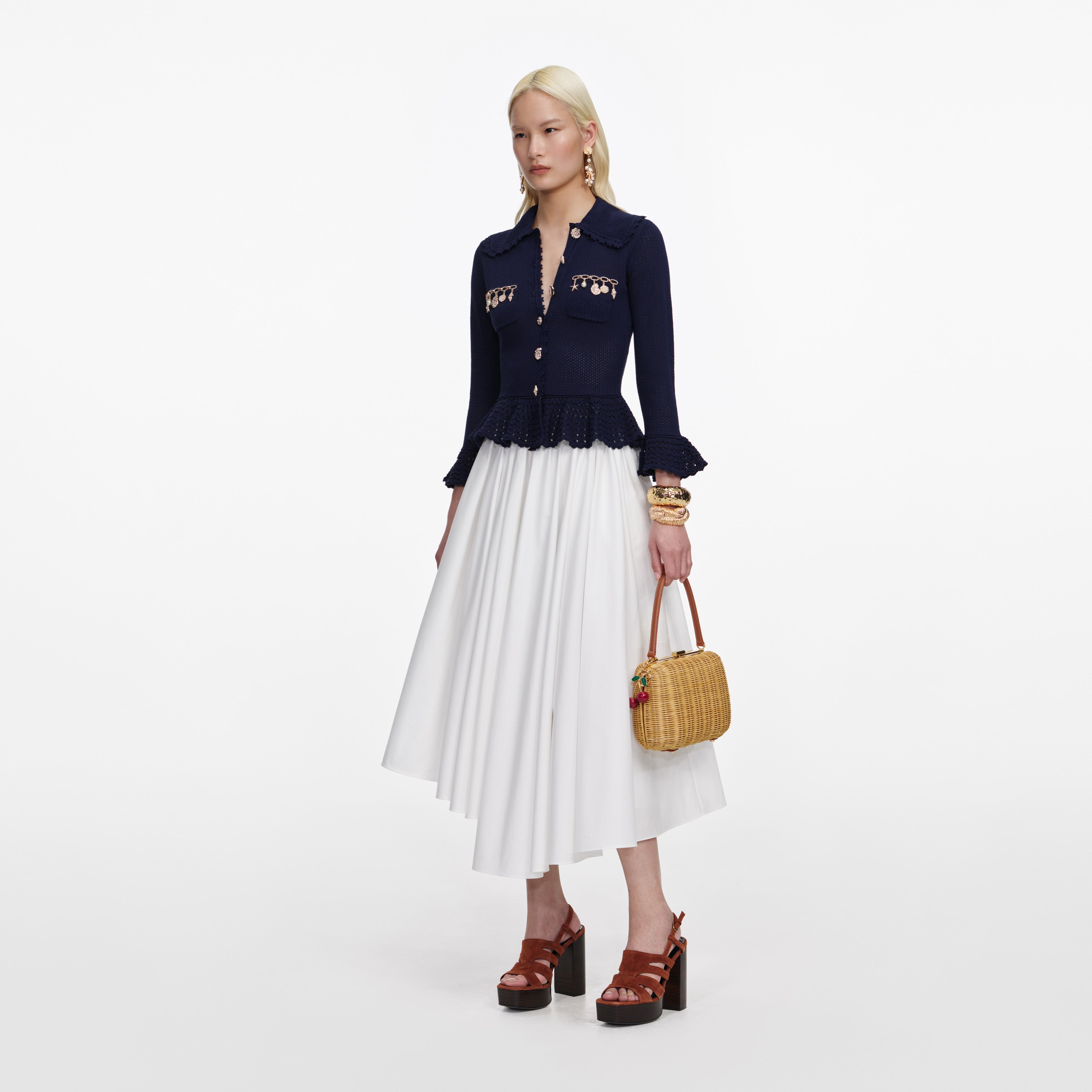 Self Portrait Navy Shell Embellished Cardigan Marine