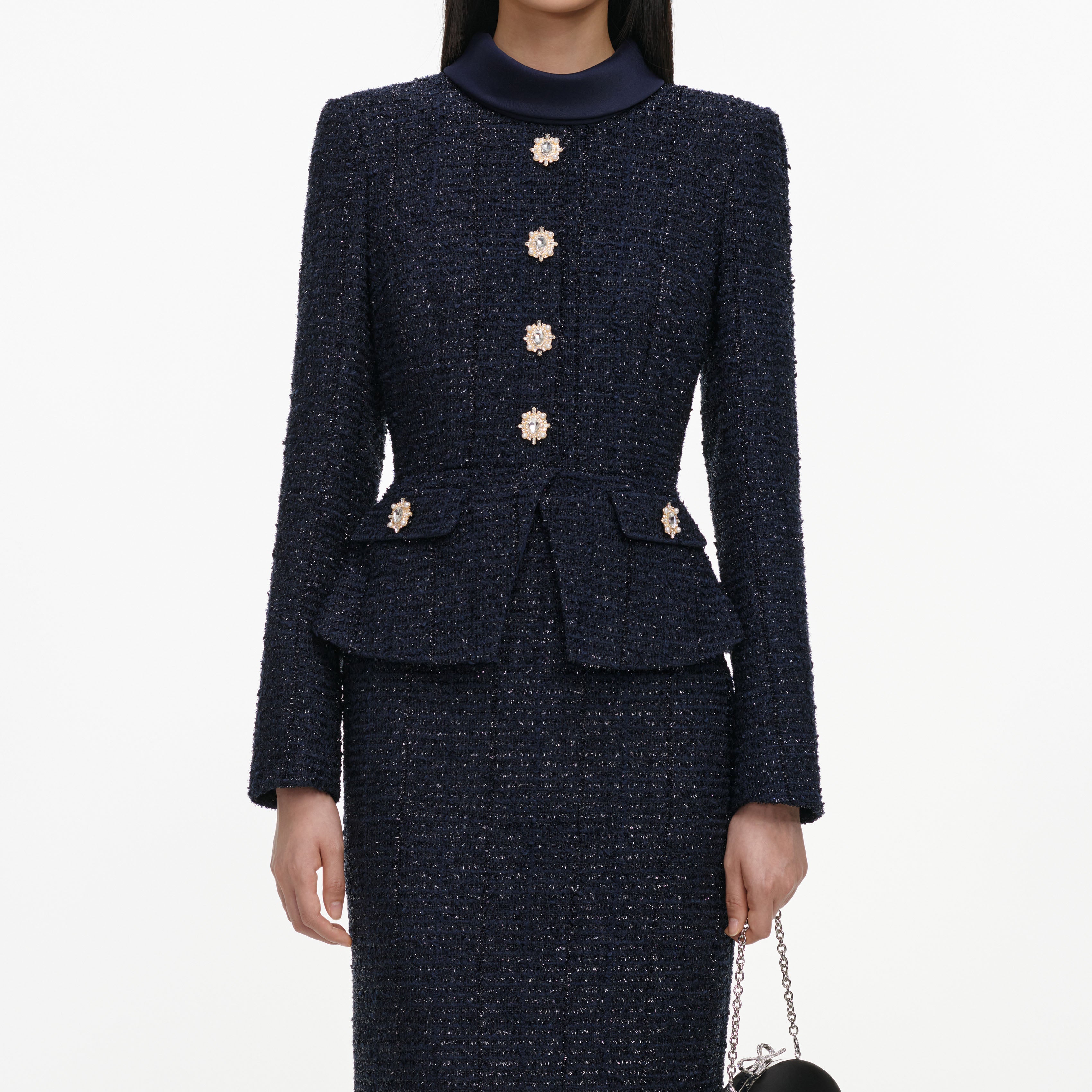 Self Portrait Navy Boucle Tailored Midi Kleid Navy Boucle