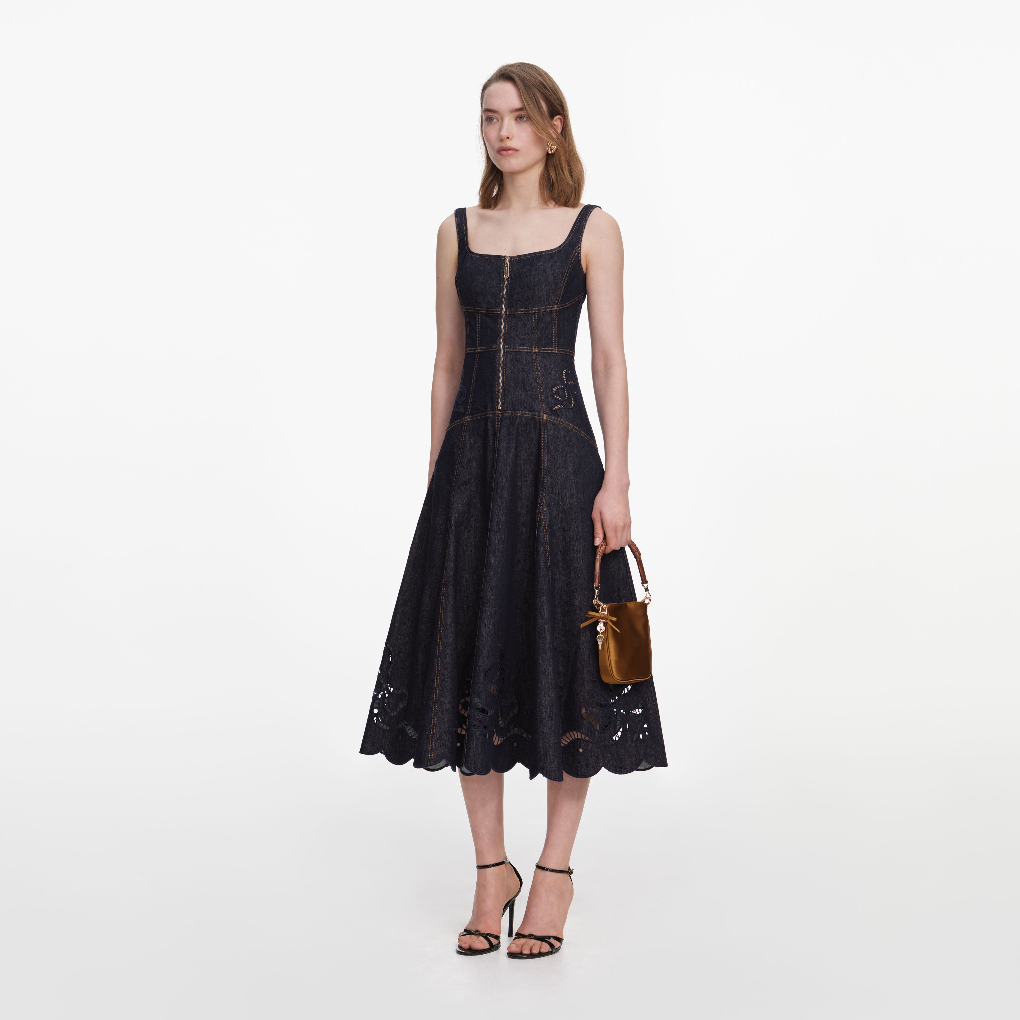 Self Portrait Denim Bow Midi Kleid indigo UK 8
